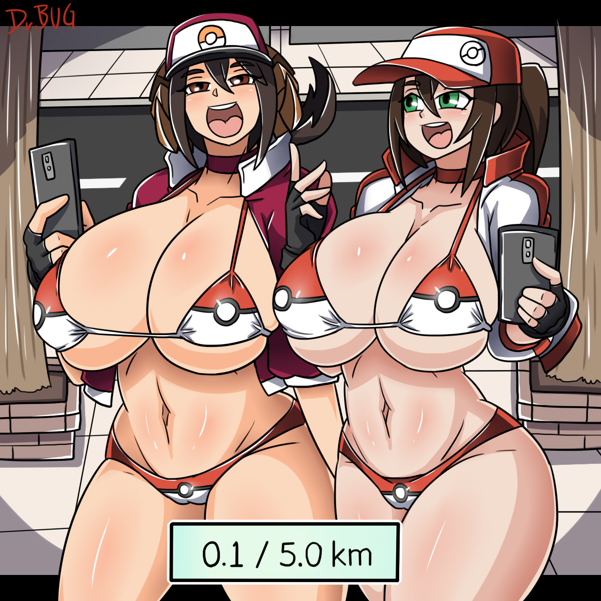 2girls, bikini, breasts, brown eyes, brown hair, cleavage, clothed, dr.bug, female, female protagonist (pokemon go), gloves, green eyes, hat, huge breasts, human, long hair, looking at viewer, navel, open mouth, pokemon, pokemon go, ponytail, smartphone, smile, standing, text, thick thighs, tied hair