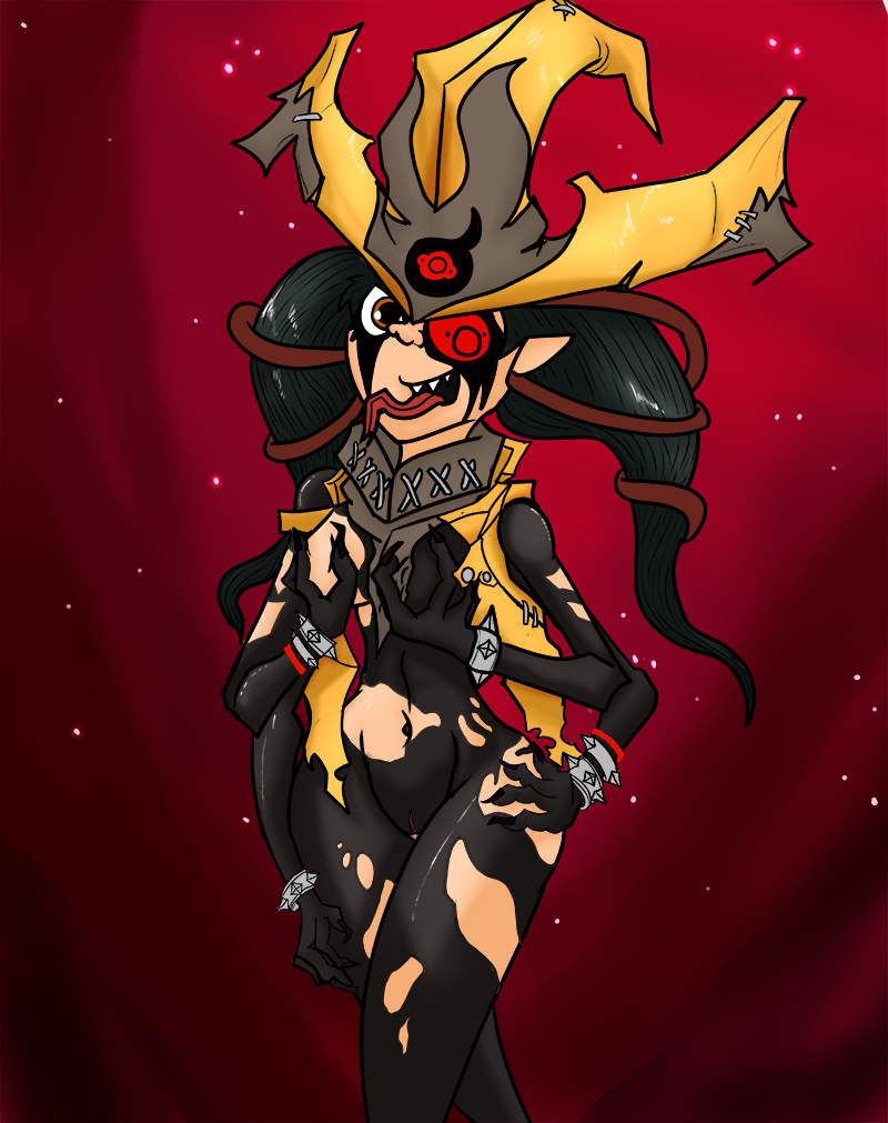 4_arms battleborn black_hair breasts chaos_witch claws female female_only long_hair looking_at_viewer orendi_(battleborn) pussy red_eyes sharp_teeth small_breasts