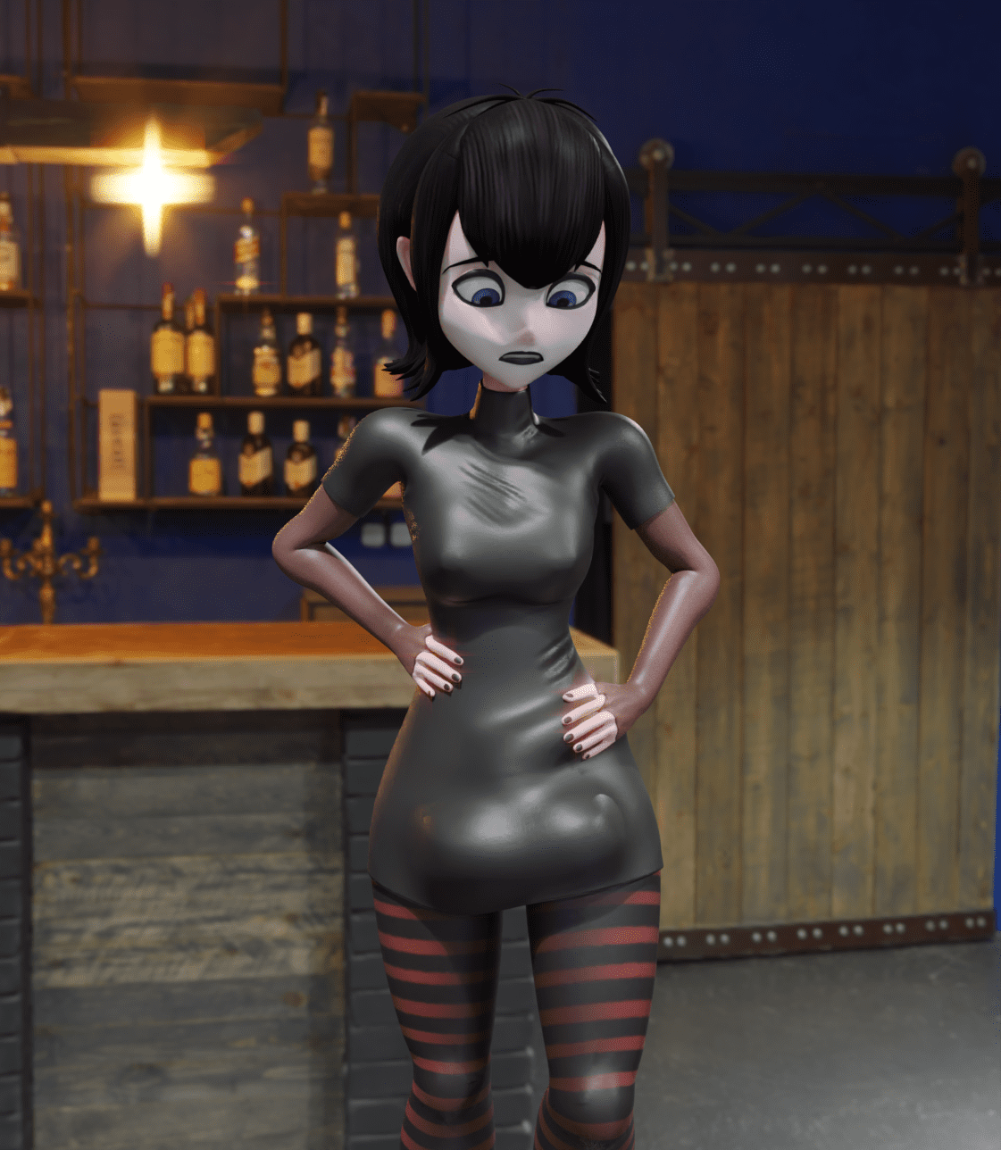 1futa, 3d, 3d (artwork), anthro, anthrofied, balls, balls bulge, big penis, black dress, black hair, blue eyes, boner, dress bulge, flat chest, futa only, futa vampire, futanari, hotel transylvania, humanoid, humanoid penis, intersex, mavis dracula, nipples bulge, pale skin, penis, penis under clothes, shocking (artist), solo futa, vampire