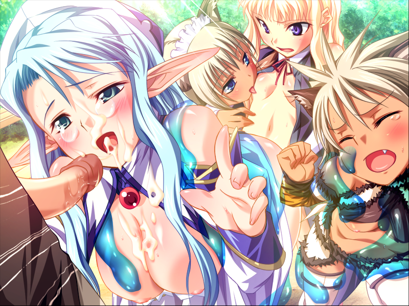 4girls animal_ears blonde_hair blue_eyes blush breasts cat_ears cleo_cragganmore cute_fang elf game_cg harem_party multiple_girls nia_schlichte penis pointy_chin pointy_ears slime sofisutia_gushigusu uncensored uru_schlichte