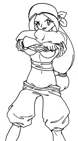 bandana black_and_white breasts captain_syrup empty_(artist) female female_only human large_breasts long_hair low-tied_long_hair mario_(series) monochrome nintendo pants rough_sketch shirt_lift solo standing straight_hair underboob undressing wario_land white_background