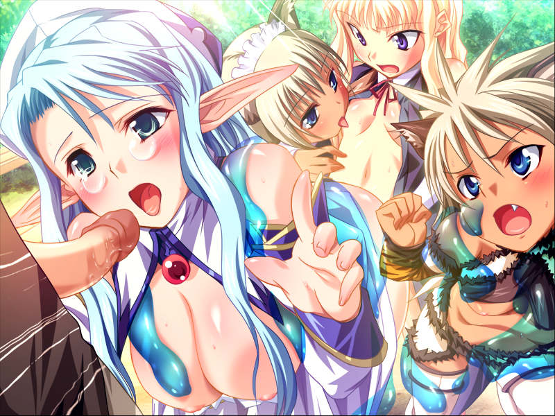 4girls animal_ears blonde_hair blue_eyes blush breasts cat_ears cleo_cragganmore cute_fang elf game_cg harem_party multiple_girls nia_schlichte penis pointy_chin pointy_ears slime sofisutia_gushigusu uncensored uru_schlichte