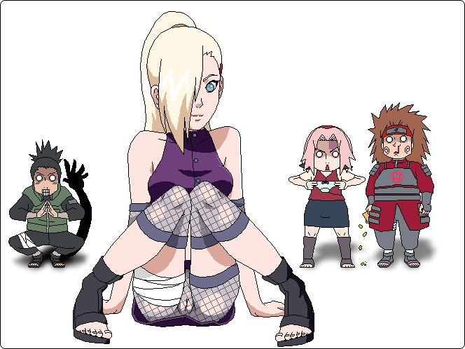 2boys 2girls akimichi_chouji aliasing bloggerman blush breasts ino_yamanaka multiple_boys multiple_girls nara_shikamaru naruto pussy sakura_haruno shadow simple_background sitting squatting standing tagme uncensored white_background