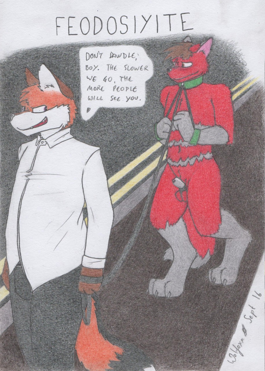 alek anthro balls canine chastity chastity_cage chastity_device collar exhibition folf fox furry humiliation hybrid leash male male_chastity mammal matt_(wackyfox26) nude public slave wolf wolfoxx yaoi