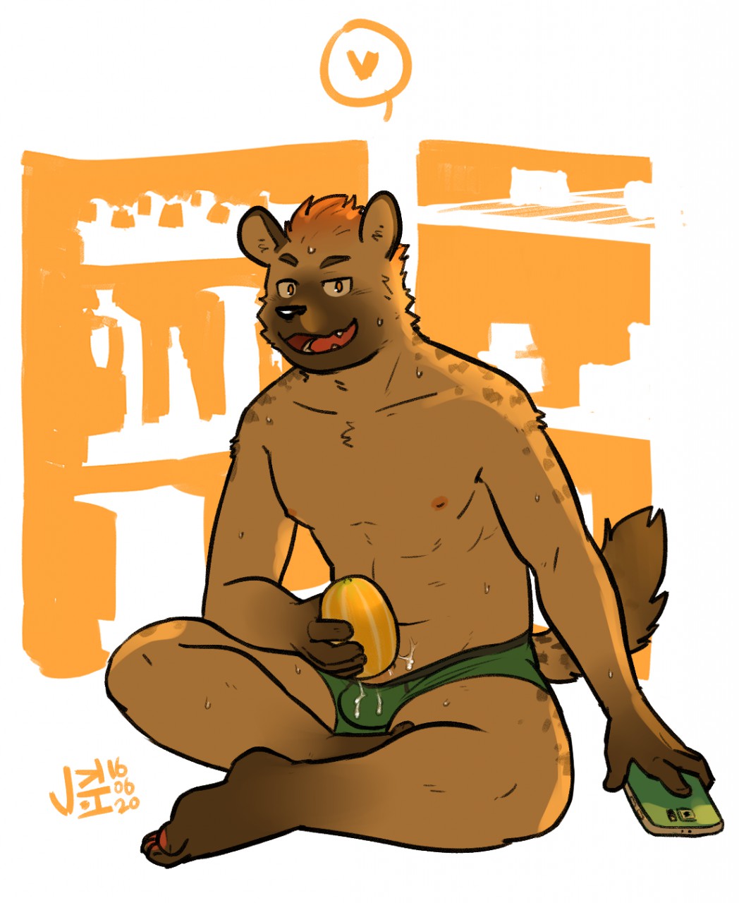 1boy anthro briefs brown_fur clothing food food_penetration food_play fruit fur hair hyena improvised_sex_toy jeck looking_at_viewer male male_only mammal masturbation melon nipples open_mouth orange_hair phone simple_background sitting solo sweat underwear