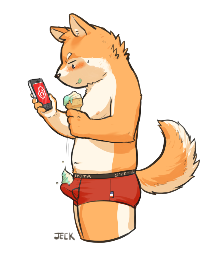 blush boxers bulge canine dessert erection food furry ice_cream jeck looking_down male male_only mammal phone simple_background solo underwear