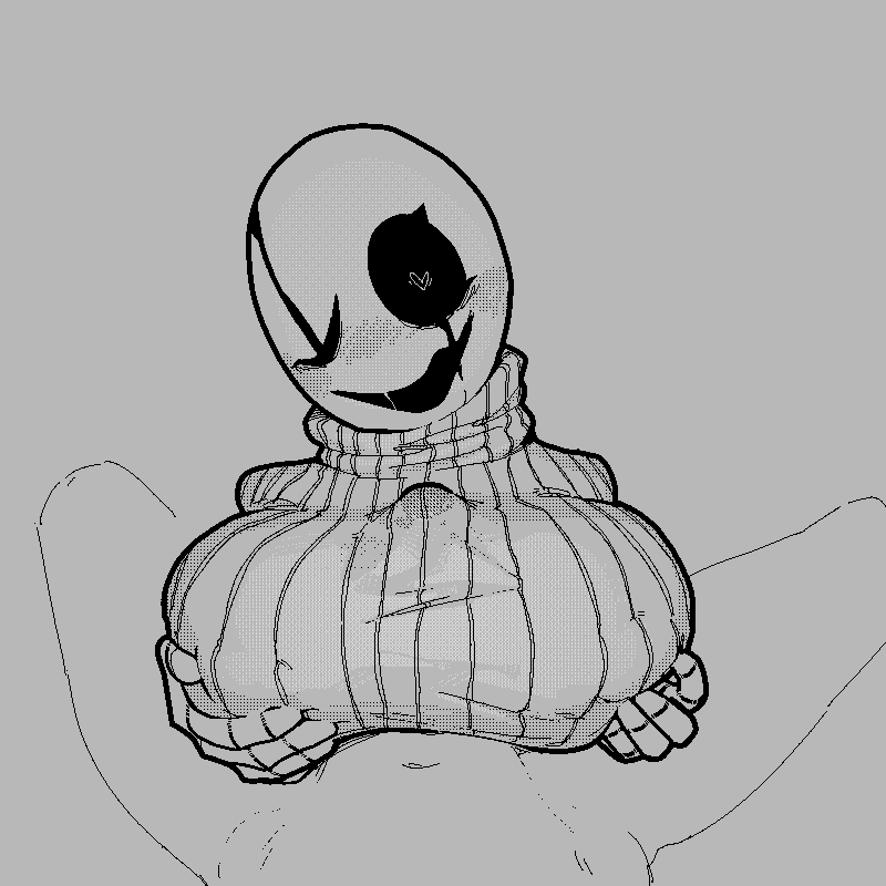 anonymous artist, boobjob, duo, fem gaster, female, first person view, gaster, heart-shaped pupil, holding own breasts, looking at viewer, male, monochrome, paizuri, paizuri under clothes, pov, rule 63, sweater, tagme, turtleneck, turtleneck sweater, undertale, undertale (series)