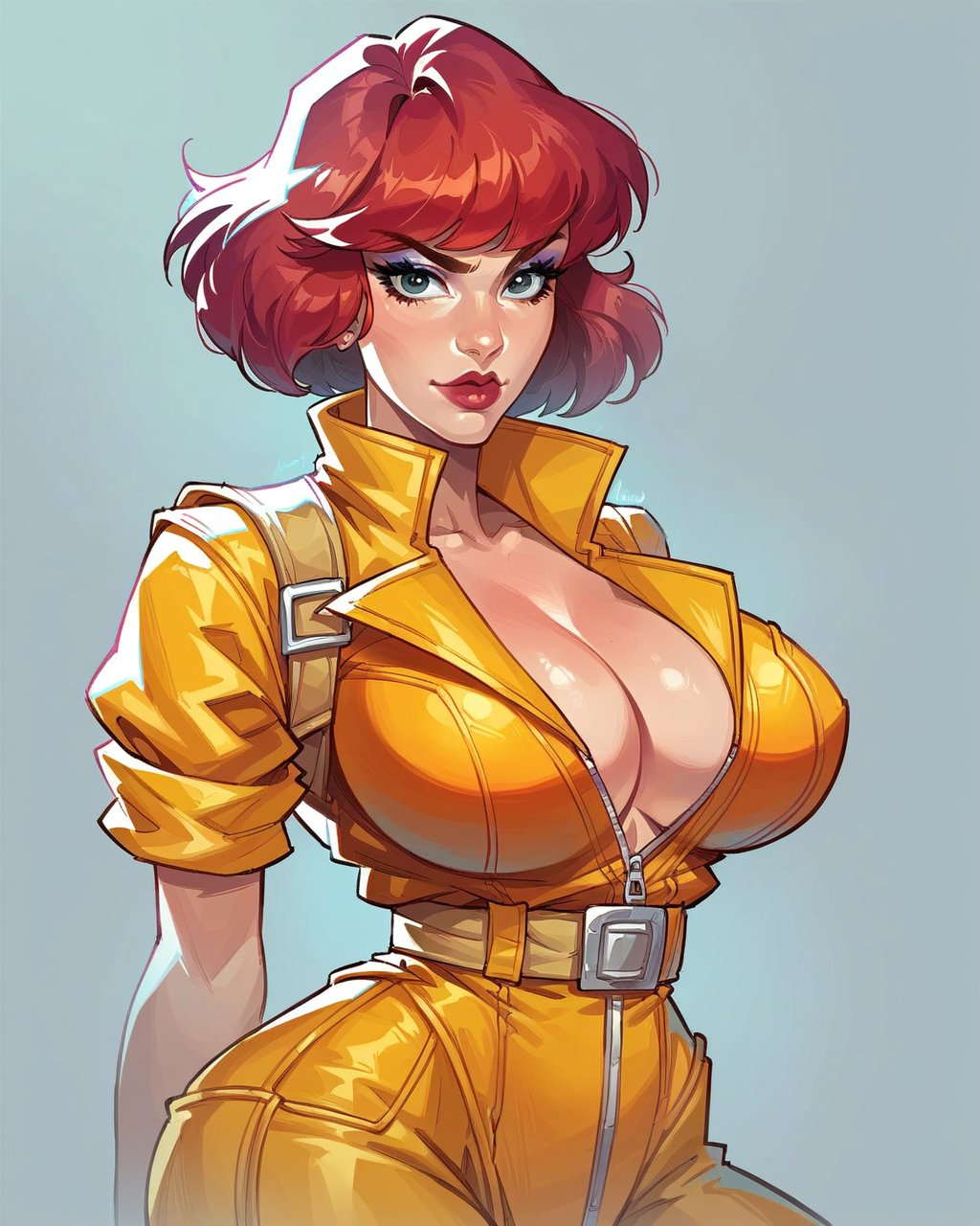 1girls, ai generated, april o'neil, april o'neil (tmnt 1987), belt, blue eyes, blue eyes female, cameltoe, cleavage, curvy, erect nipples, female, ginger, ginger female, ginger hair, huge areolae, huge ass, huge breasts, nai diffusion, orange hair, orange hair female, puffy nipples, realistic, red hair, red hair female, red head, red lips, redhair, redhead, redhead female, saucy trove, short hair, short hair female, stable diffusion, teenage mutant ninja turtles, teenage mutant ninja turtles (1987), thick lips, tmnt, tmnt 1987, voluptuous, wide hips