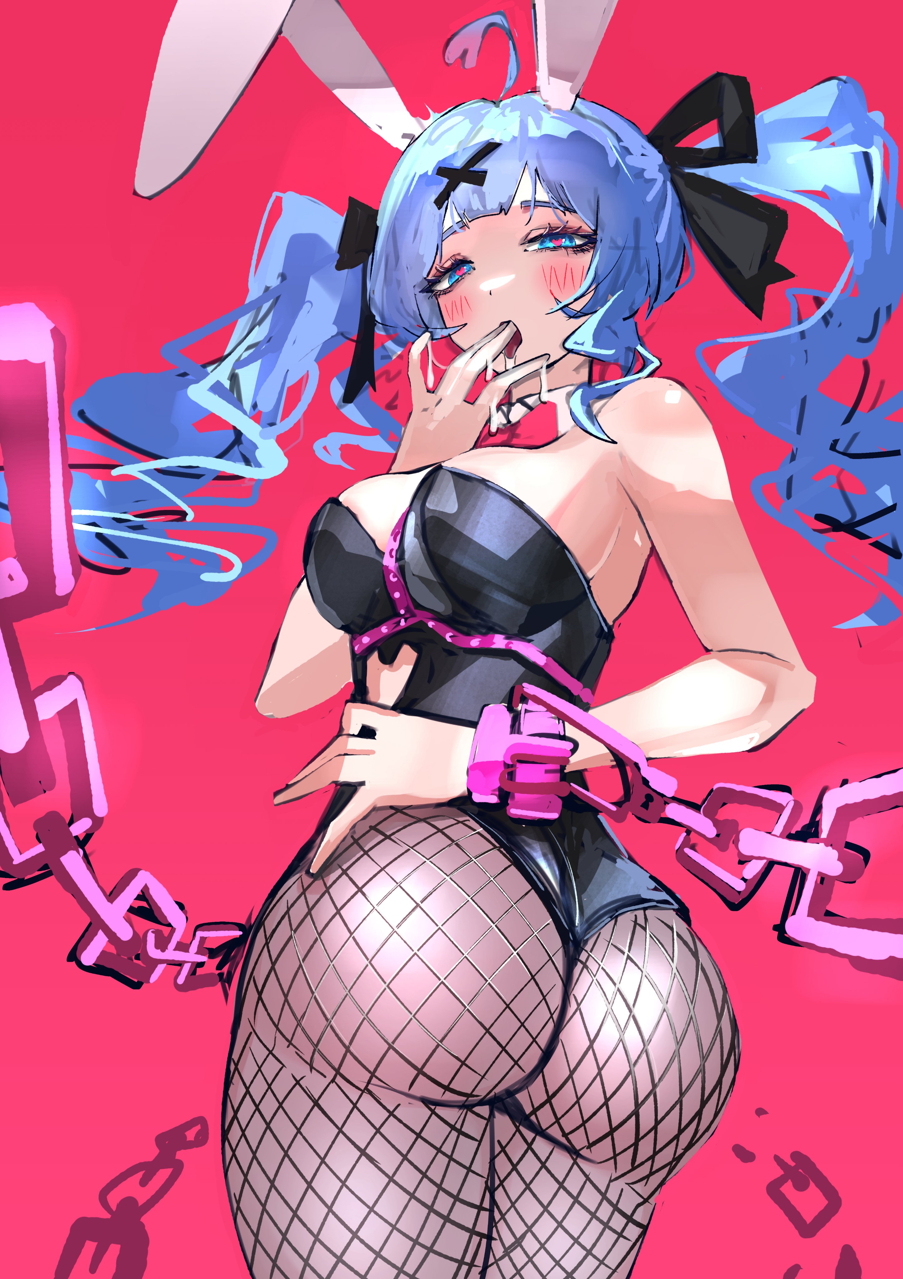 1girl, absurdres, ahoge, animal ears, ass, bangs, bare shoulders, blue eyes, blue hair, blush, bow, bowtie, breasts, chain, chains, chumji, clothing cutout, cowboy shot, cuffs, cutout above navel, detached collar, drooling, female, fishnet pantyhose, fishnets, hair ornament, hair ribbon, hand in mouth, hashtag-only commentary, hatsune miku, heart, heart cutout, heart-shaped pupils, highres, large breasts, leotard, long hair, looking at viewer, looking back, open mouth, pantyhose, playboy bunny, rabbit ears, rabbit hole (vocaloid), red background, red bow, red bowtie, ribbon, saliva, simple background, solo, strapless, symbol-shaped pupils, twintails, virtual youtuber, x hair ornament