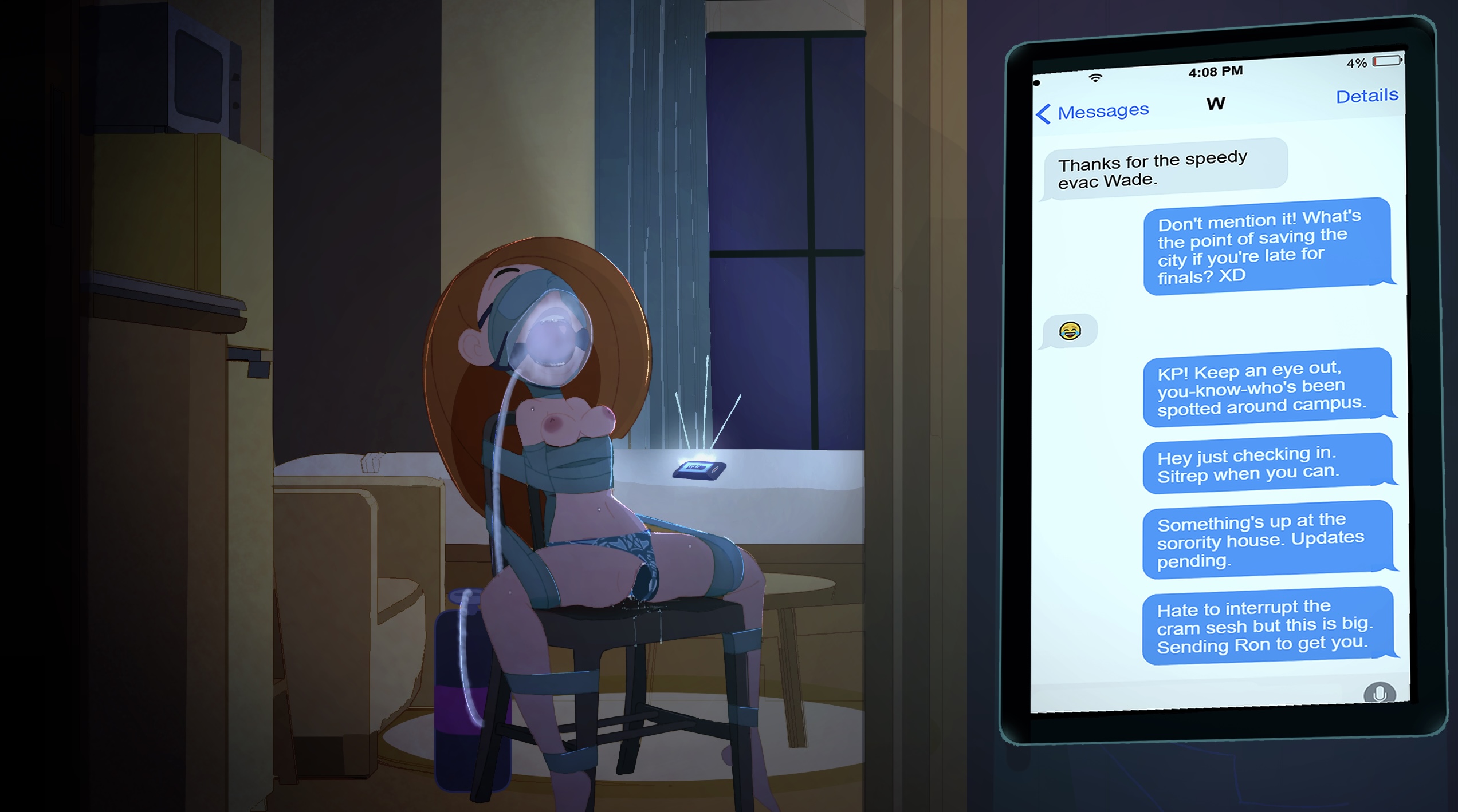 bondage, damsel in distress, dawho555, disney, disney channel, femsub, gag, gagged, kim possible, kimberly ann possible, nipples, pussy, text, text message