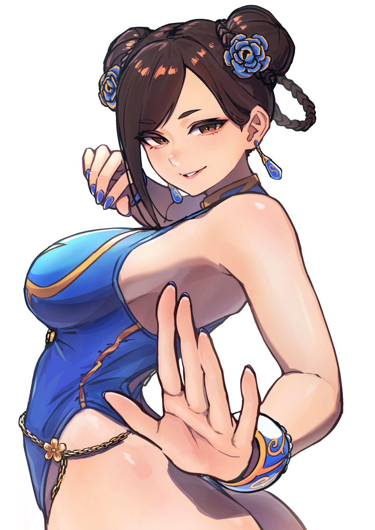 1girls, ap cammy, ass, big breasts, blue swimsuit, breasts, brown eyes, brown hair, chun-li, female, female only, official alternate costume, sideboob, street fighter, street fighter 6, swimsuit