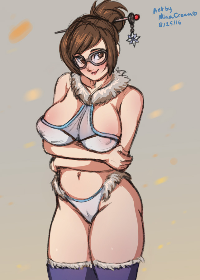 bikini, female, female only, glasses, hair bun, mei (overwatch), minacream, overwatch, sketch, solo, thighhighs