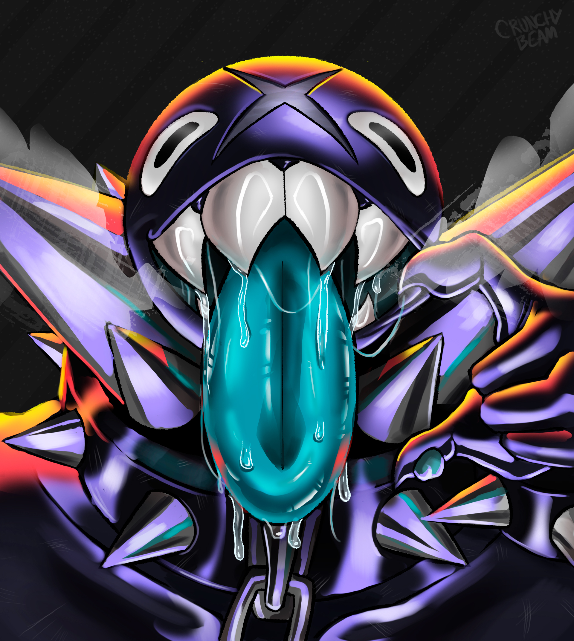 anthro, anthro only, ass, belly, big butt, black body, bodily fluids, chain chomp, chains, crunchybeam, female, gigi (thecoatl034), mario (series), nintendo, nipple chain, nipple piercing, nipples, open mouth, piercing, shiny, shiny skin, solo, squish, thick thighs, tongue, tongue out
