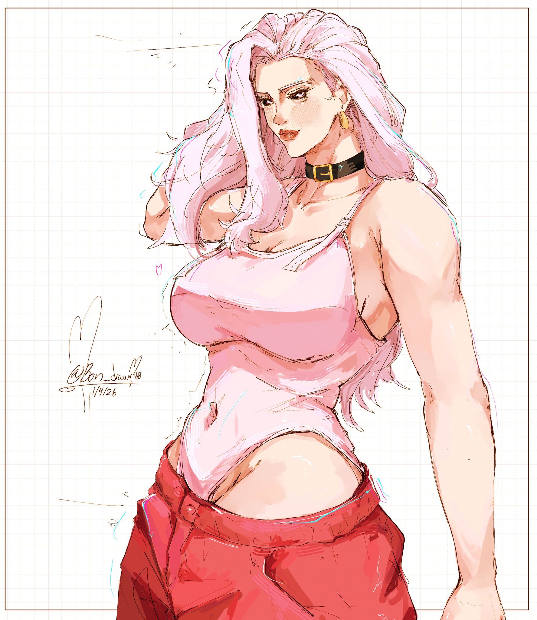 1girls, absurdres, arms behind head, arms up, bare arms, bare shoulders, beautiful, belly, belly button, big breasts, black eyes, bon drawr, breasts, choker, collar, collarbone, covered navel, curvy, curvy female, earrings, erect nipples, female, female only, highres, hips, hips wider than shoulders, huge breasts, jujutsu kaisen, leotard, lipstick, long hair, looking at viewer, nipples visible through clothing, pants, pink hair, pink leotard, pink pupils, red lipstick, red pants, side view, sideboob, simple background, solo, strong female, thick thighs, touching hair, uro takako