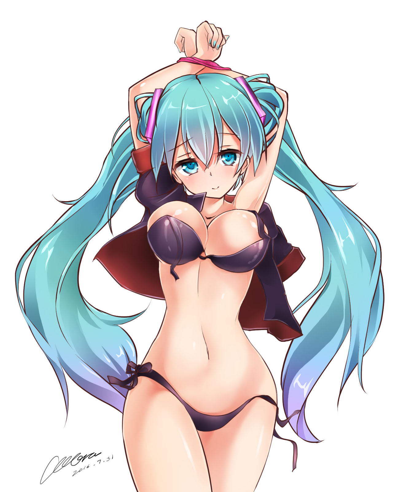 1girl, 1girls, aqua eyes, aqua hair, armpits, arms up, bdsm, black bra, black panties, blush, bound, bound wrists, bra, breasts, busty, cleavage, cowboy shot, dated, female, hair between eyes, hatsune miku, large breasts, long hair, looking at viewer, medium breasts, nail polish, navel, open bra, open clothes, panties, shy, side-tie panties, signature, simple background, smile, solo, standing, text, tied hair, twintails, underwear, untied, very long hair, vocaloid, white background