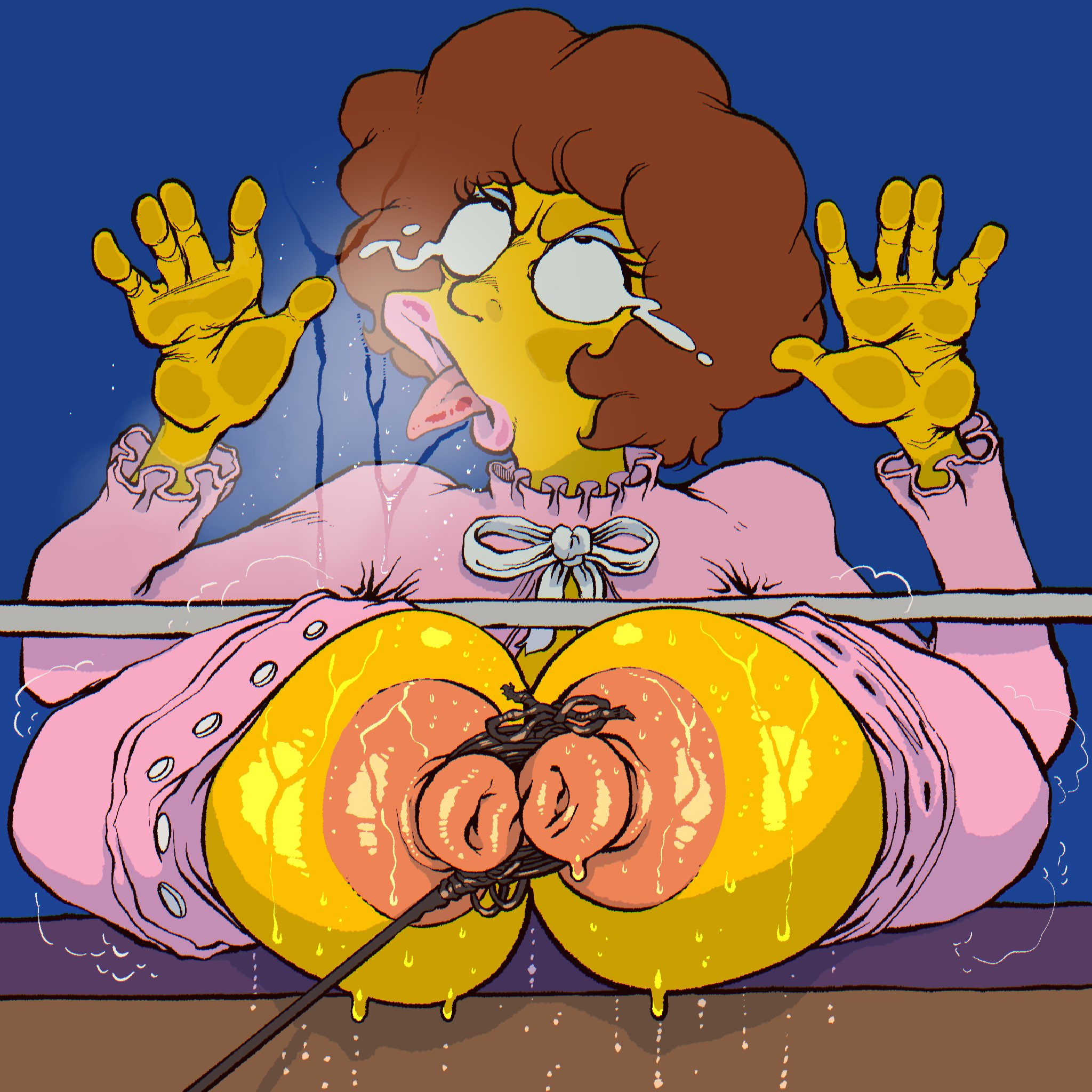 1girl, 2d, ahegao, ahegao face, bart simpson, female, lewdbeef, maude flanders, nipple pull, nipple pulling, nipples, nipples exposed, nipples touching, the simpsons, through window