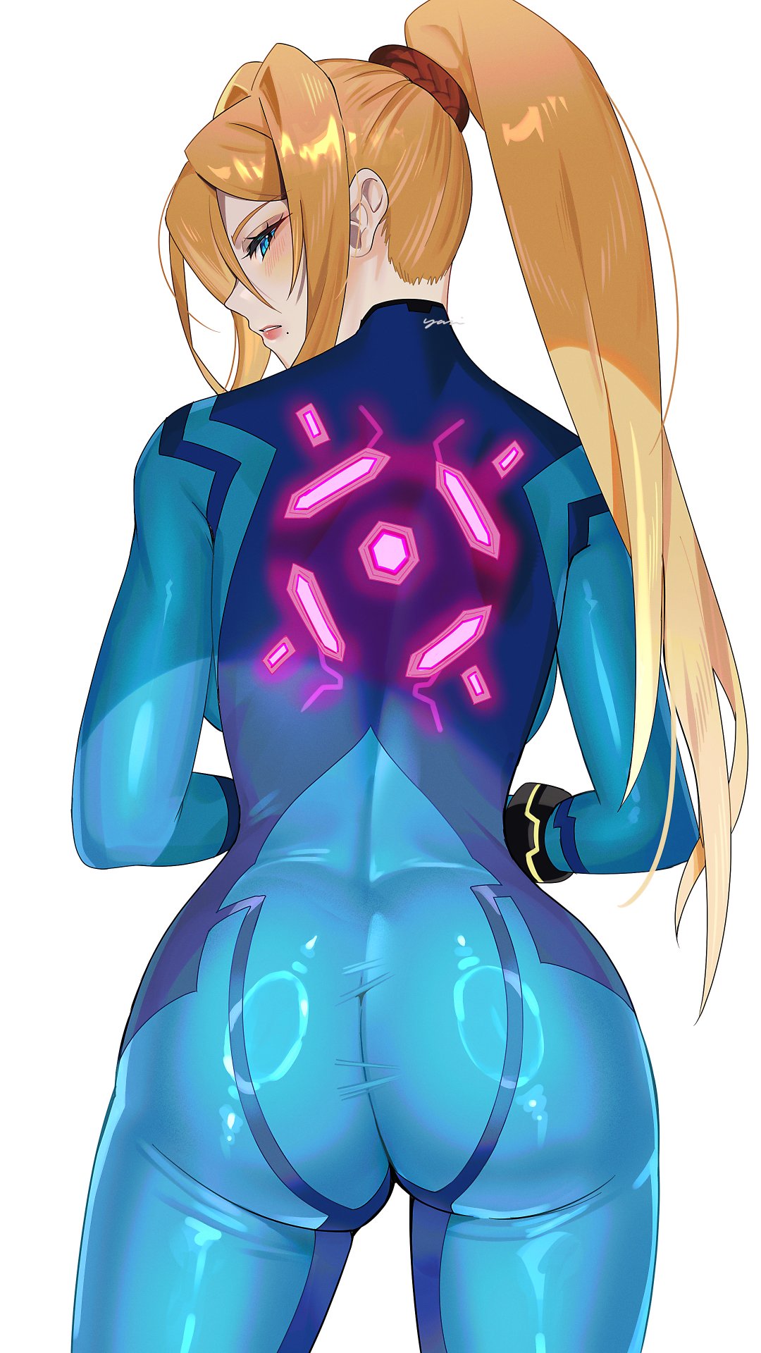 1girls, 2d (artwork), adult female, artist signature, ass cheeks, ass focus, athletic female, backboob, backshots, bangs over eyes, blonde-haired female, blue eyes, bodysuit, bounty hunter, bubble ass, culo de burbuja, curvy hips, fat ass, gluteal fold, light-skinned female, looking at viewer, looking back at viewer, metroid, mole under mouth, nintendo, no earrings, ponytail, samus aran, side profile, sideboob, skin tight, symbol, thick thighs, toned ass, white background, yasaikakiage, zero suit samus