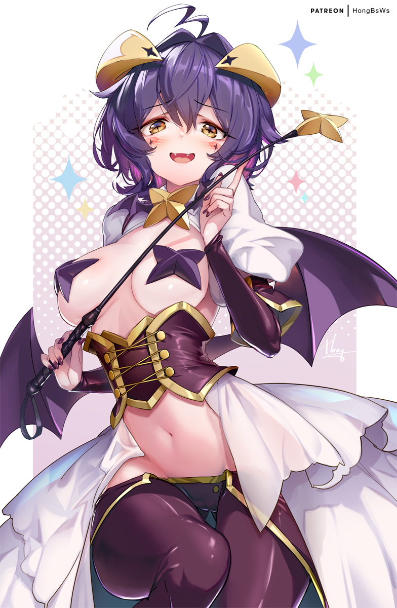 1girls, bangs, belly button, blush, breasts, cameltoe, corset, fangs, female, gushing over magical girls, hiiragi utena, hong (white spider), horns, magical girl, mahou shoujo ni akogarete, midriff, navel, pasties, puffy sleeves, purple hair, sparkles, tight pants, whip, yellow eyes