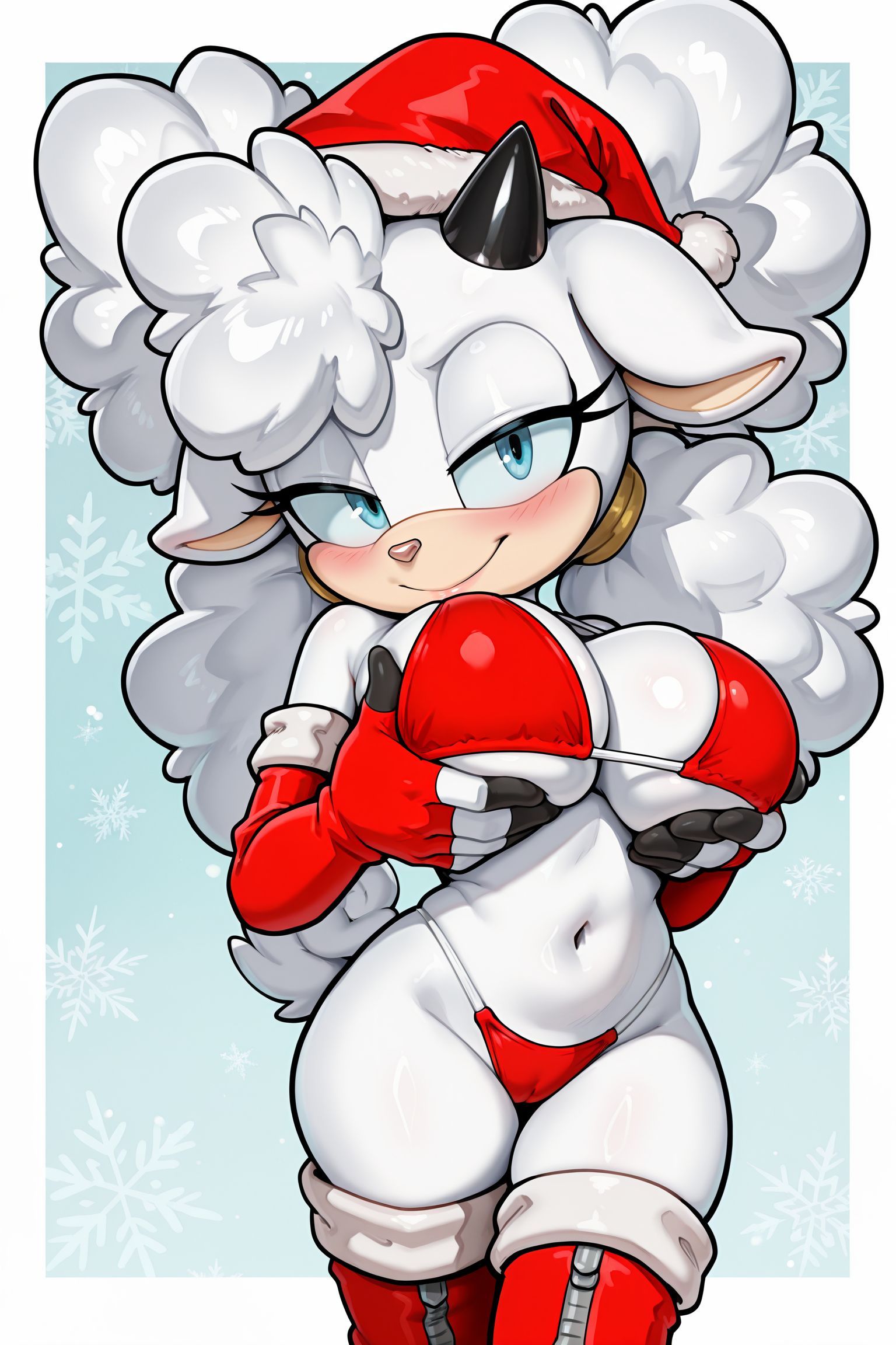 ai generated, animal ears, anthro, belly, bikini, blue eyes, blush, boots, christmas, clothed, elbow gloves, eyelashes, female, female furry, fingerless gloves, furry, gloves, groping, groping breasts, groping self, hair ornament, half lidded eyes, horn, huge breasts, idw comics, idw publishing, katalystnya, lanolin the sheep, looking at viewer, mobian (species), navel, partially clothed, red bikini, red boots, red gloves, santa hat, seductive, seductive look, seductive smile, sega, sheep, smile, snowflake background, solo, solo female, sonic (series), sonic the hedgehog (comics), sonic the hedgehog (series), tail, thick thigs, thigh high boots, thighs, white fur