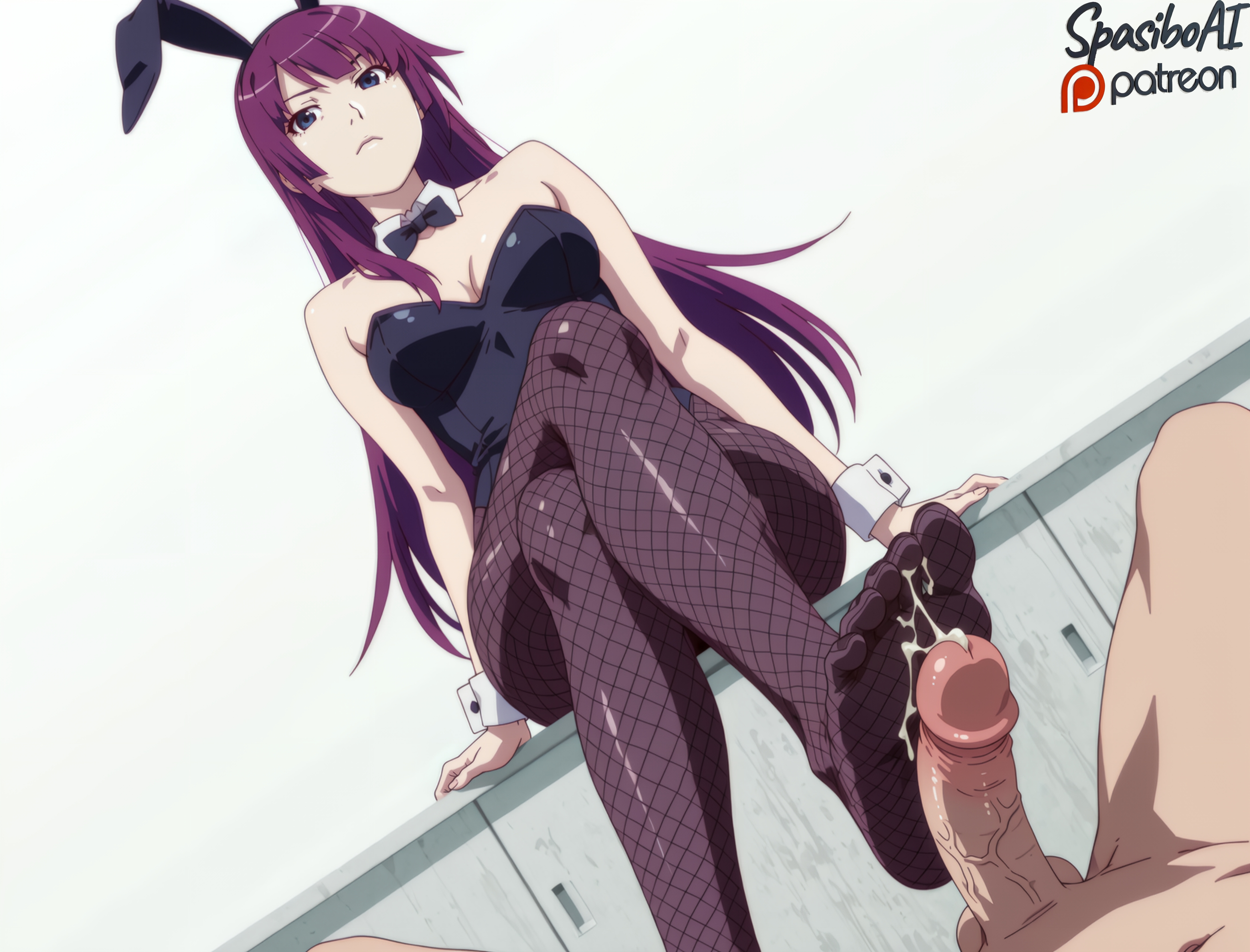 1boy, ai generated, alternate costume, animal ears, bakemonogatari, bare shoulders, black bow, black bowtie, black leotard, blue eyes, bow, bowtie, breasts, cleavage, closed mouth, clothed female nude male, crossed legs, cum, cum on body, cum on clothes, cum on feet, detached collar, dutch angle, erection, fake animal ears, feet, female, femdom, fishnet pantyhose, fishnets, foot focus, footjob, from below, legs, leotard, long hair, looking at viewer, medium breasts, monogatari (series), no shoes, nude, pantyhose, penis, playboy bunny, pov, purple hair, rabbit ears, senjougahara hitagi, sitting, soles, solo focus, spasibo15, straight, strapless, strapless leotard, testicles, toes, uncensored, wrist cuffs