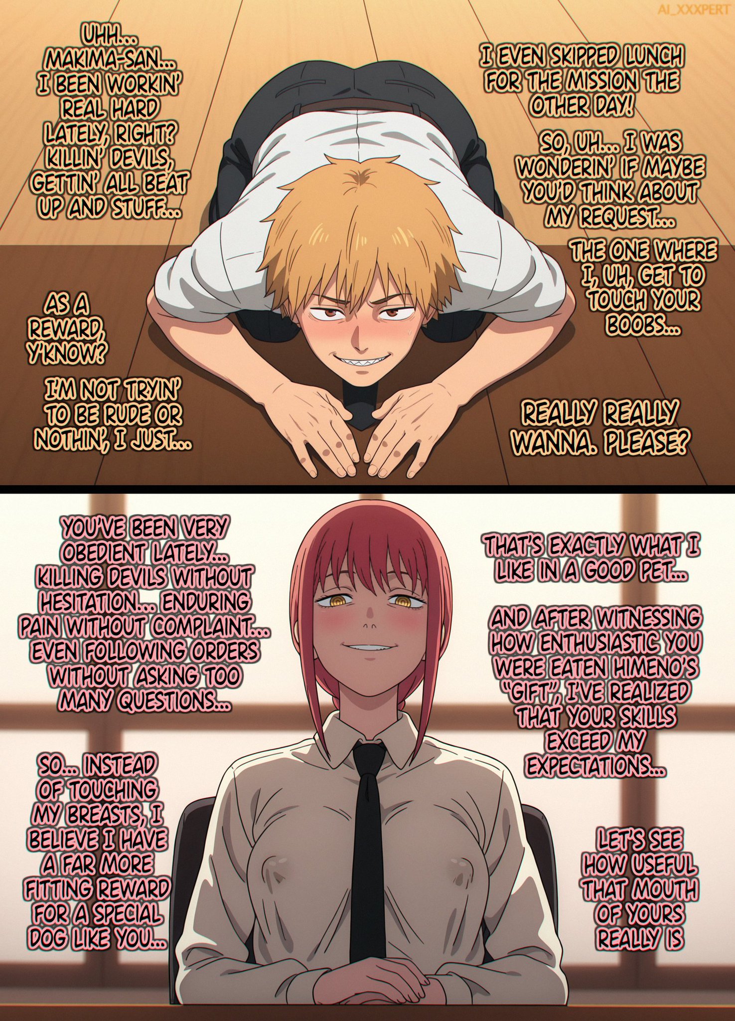 1boy, 1girls, ai generated, ai xxxpert, all fours, before sex, blonde hair, blunt bangs, blush, boss and employee, boss and subordinate, bowing, bowing down, braid, braided hair, braided ponytail, brown eyes, chainsaw man, clothing, comic, denji (chainsaw man), desk, dialogue, dominant, dominant female, domination, english text, erect nipples, erect nipples under clothes, female, femdom, grin, high resolution, imminent sex, indoors, inviting, inviting to sex, light skin, light-skinned female, long hair, makima (chainsaw man), male, malesub, necktie, nipple bulge, nipples, office, office lady, pants, red hair, ringed eyes, shirt, sitting, smile, story, submissive, submissive male, talking, talking to another, talking to partner, text, uncensored, unusual pupils, url, watermark, web address, yellow eyes