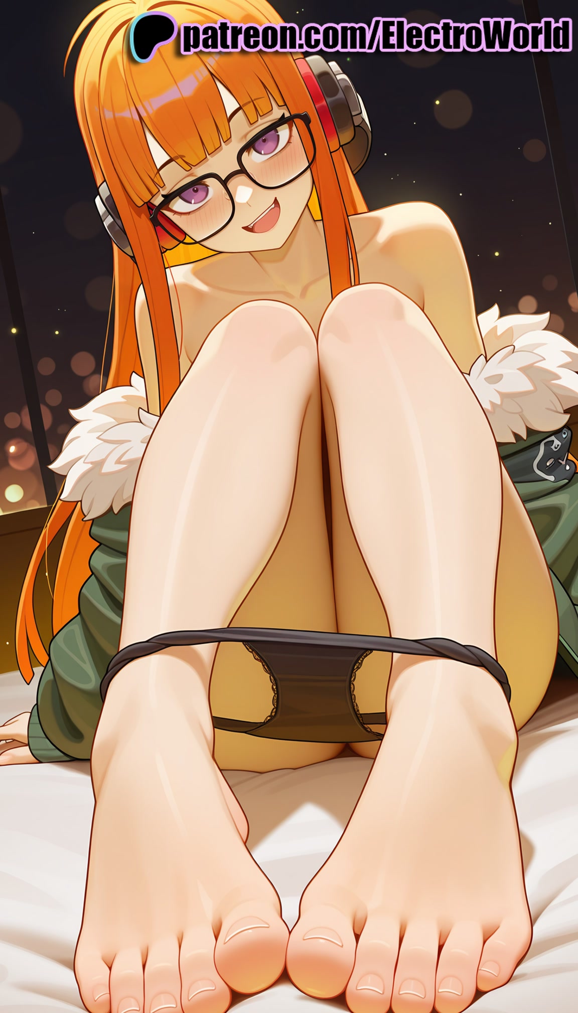 1girls, 2026, ai generated, artist name, bangs, barefoot, behind-the-head headphones, blunt bangs, electroworld, eyebrows visible through hair, feet, feet fetish, female, foot fetish, foot focus, foreshortening, fur trim, fur-trimmed jacket, glasses, green jacket, headphones, hi res, high quality, high resolution, highres, indoors, jacket, long hair, long toenails, looking at viewer, open mouth, orange hair, panties, panty pull, patreon, patreon username, persona, persona 5, purple eyes, sakura futaba, soles, solo, stable diffusion, toe scrunch, toenail polish, toenails, toes, underwear, watermark