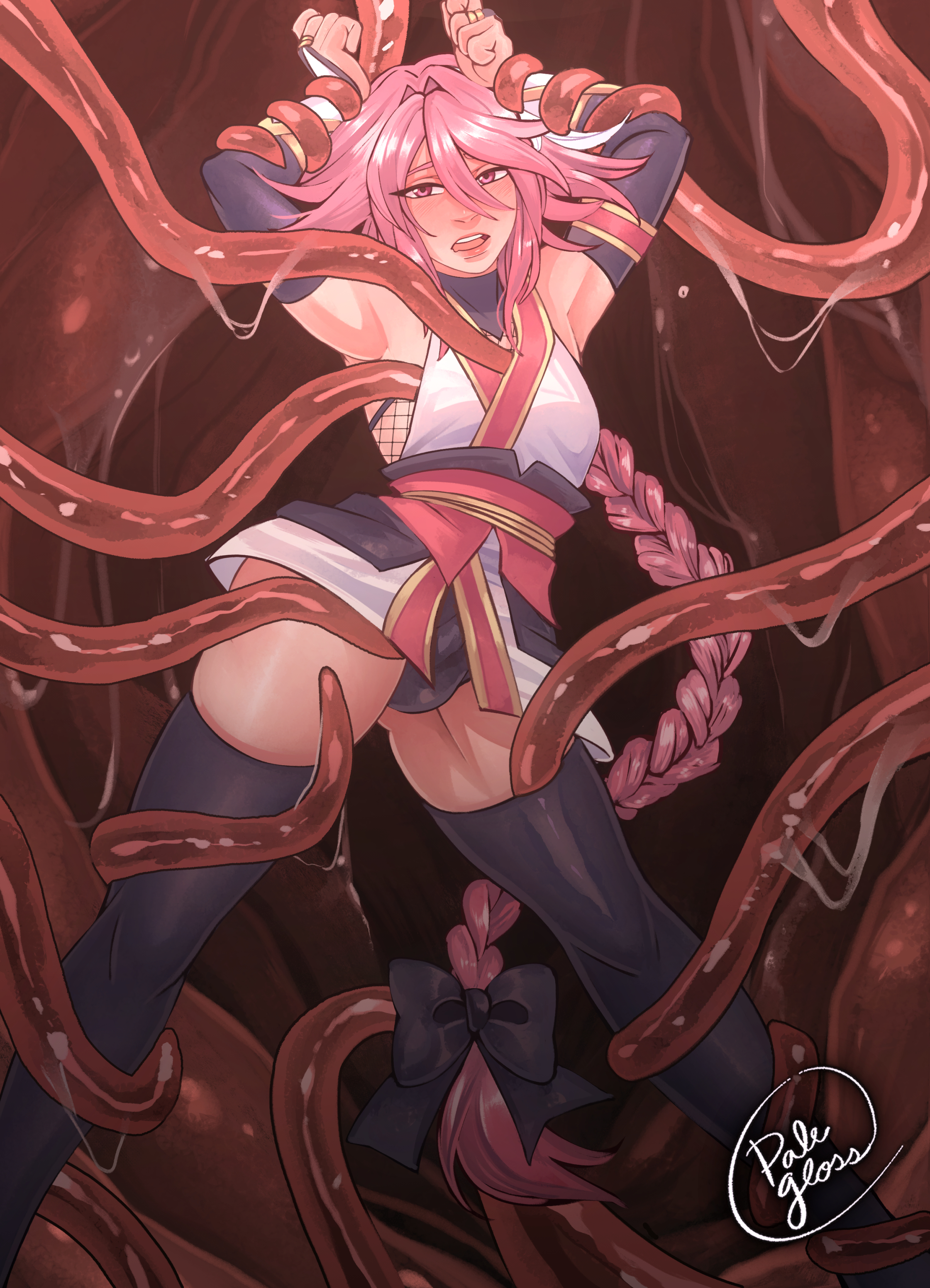 1boy, armpits, artist logo, astolfo (fate), braid, braided hair, bulge, clothed, clothed male, commission, commission art, commissioner upload, fate (series), fate/grand order, femboy, fishnet clothing, fishnets, flesh wall, fondling, fondling balls, fondling breast, hair ribbon, light-skinned male, long hair, male, male only, ninja, open mouth, palegloss, penis, pink eyes, pink hair, skindentation, slime (substance), slimy, slimy tentacles, solo, tagme, tentacle, tentacle on male, tentacle under clothes, tentacles around arms, tentacles around legs, tentacles on trap, tentacles under clothes, thigh highs, thighhighs, thighs, white hair