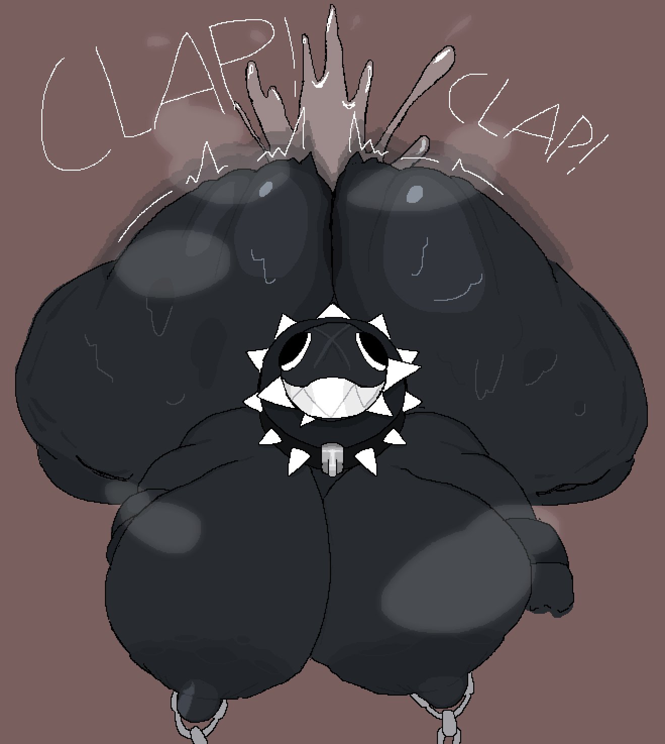 anthro, areola, ass, belly, big breasts, big butt, black body, bodily fluids, breast grab, breast squish, breasts, breasts bigger than head, chain chomp, chains, female, flexing, gigi (thecoatl034), huge breasts, huge butt, huge hips, huge thighs, hyper, hyper breasts, mario (series), meshletgardn, nintendo, nipple chain, nipple piercing, nipples, open mouth, piercing, rear view, shiny, shiny skin, solo, squish, thick thighs, wide hips