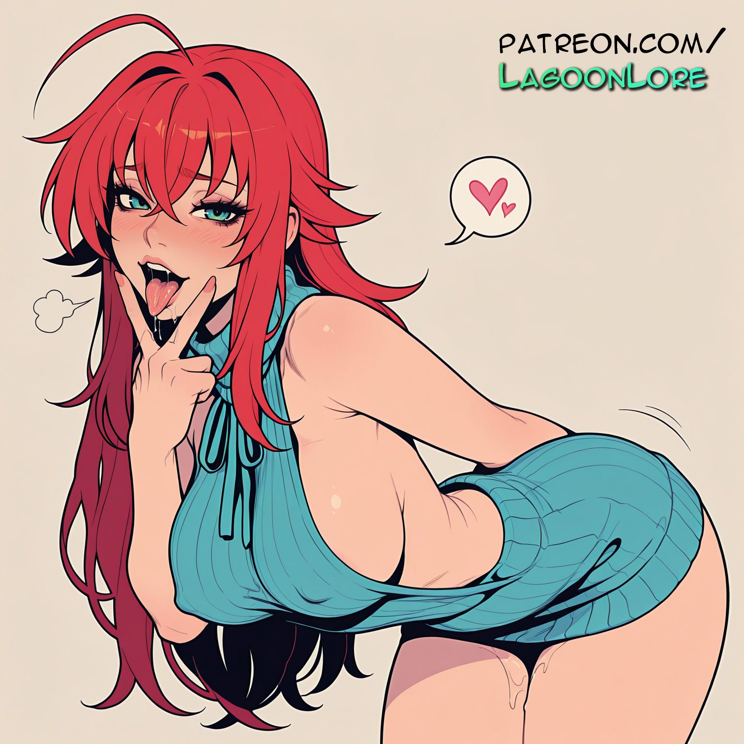 ahoge, ai generated, artist name, big breasts, big chest, blush, breasts, bust, busty, chest, covered nipples, fellatio gesture, female, female only, heart, hi res, high school dxd, highres, lagoonlore, large breasts, long hair, meme attire, naked sweater, patreon, patreon username, red hair, rias gremory, ribbed sweater, solo, speech bubble, spoken heart, sweater, sweater dress, tongue, tongue out, turtleneck, virgin killer sweater, watermark