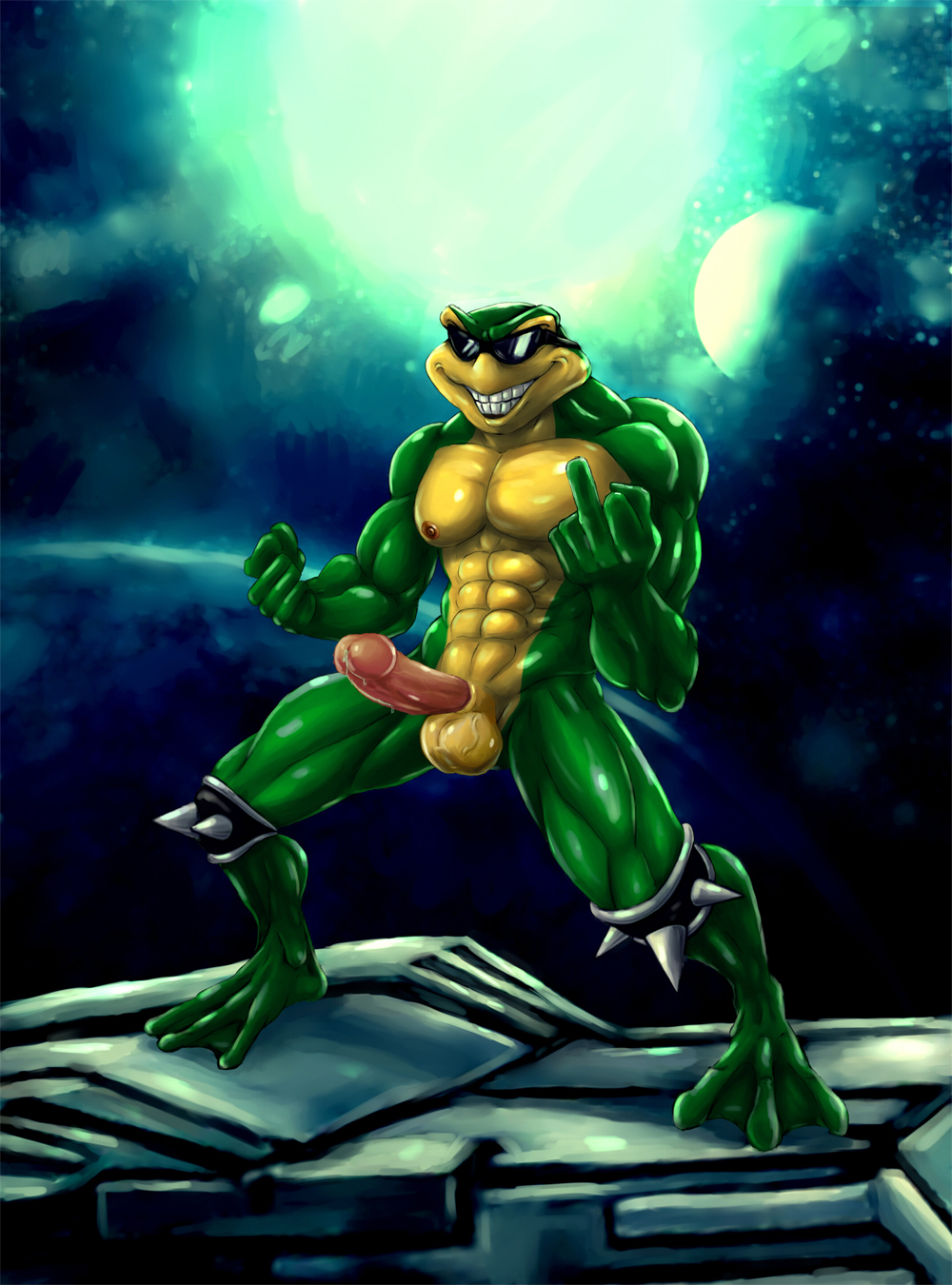 1boy 2016 3_toes abs amphibian anthro balls battletoads biceps big_penis bleakcat erection eyewear frog front_view green_skin grin humanoid_penis knee_pads male male_only middle_finger multicolored_skin muscular muscular_male nipples nude pecs penis plantigrade precum quads rash_(battletoads) solo space spikes spread_legs spreading standing sunglasses teeth toes two_tone_skin vein video_games webbed_feet yellow_countershading yellow_skin