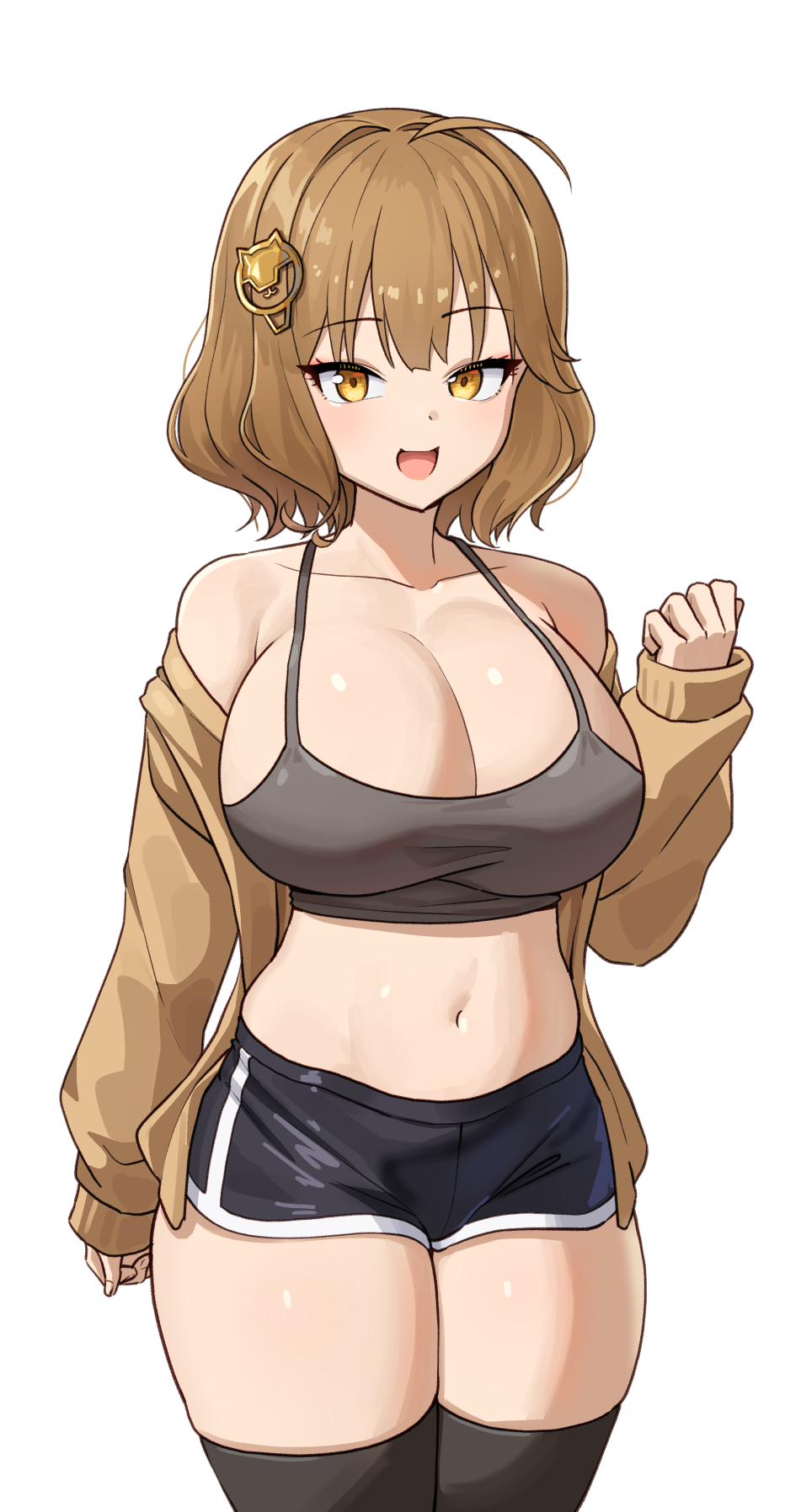1girl, 1girls, ahoge, ajidot, anis (nikke), bare shoulders, big breasts, black shorts, black thighhighs, breasts, brown eyes, brown hair, brown jacket, cleavage, collarbone, commentary request, cowboy shot, crop top, dolphin shorts, female, female only, goddess of victory: nikke, grey shirt, hair ornament, hairclip, highres, jacket, korean commentary, large breasts, looking at viewer, midriff, navel, off shoulder, open clothes, open jacket, open mouth, shirt, short hair, short shorts, shorts, simple background, sleeveless, sleeveless shirt, smile, solo, standing, stomach, thick thighs, thighhighs, thighs, white background