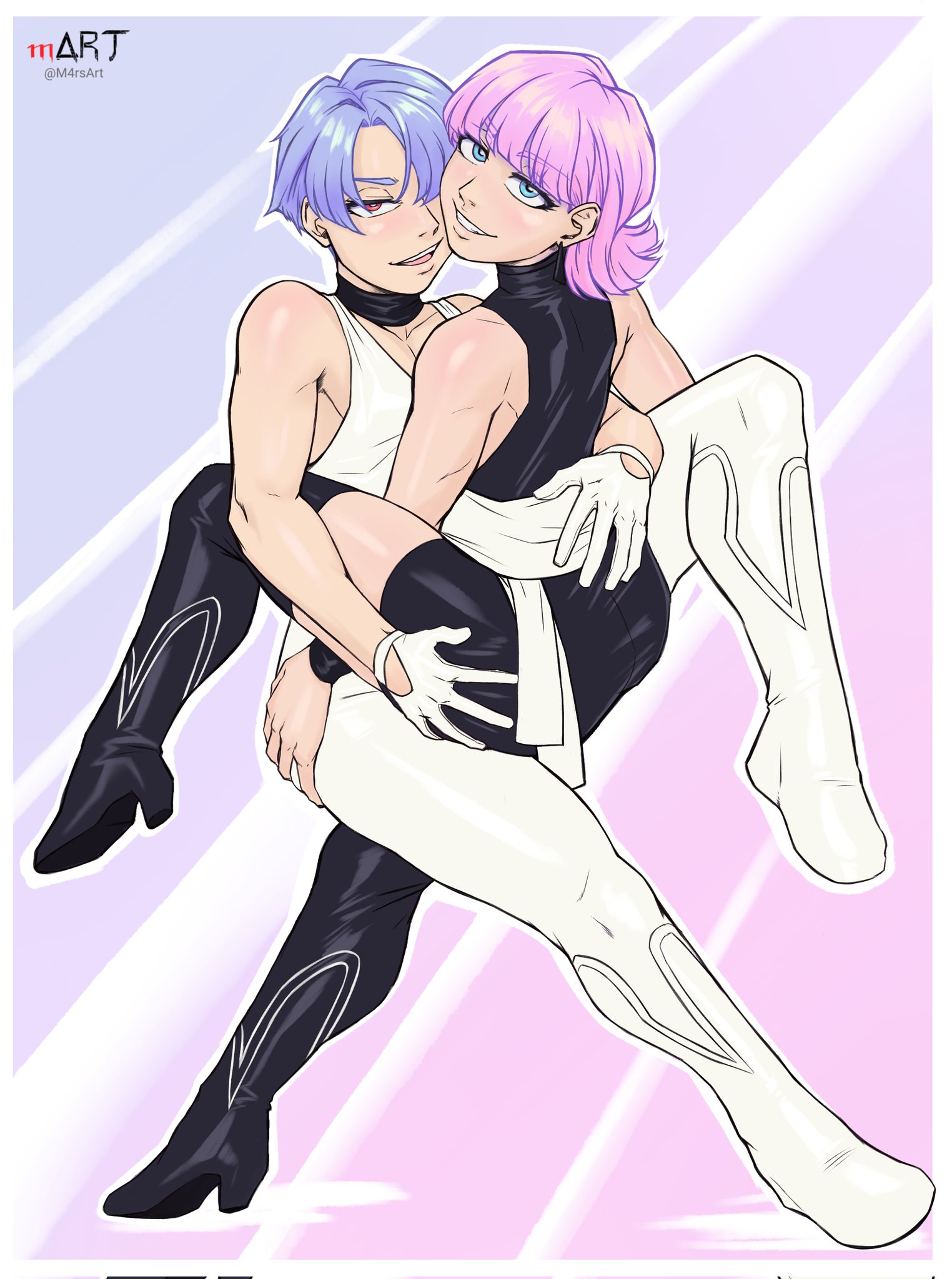 blue hair, crossdressing, femboy, m4rsart, male, male only, panty & stocking with garterbelt, polyester (psg), polyurethane (psg), purple hair