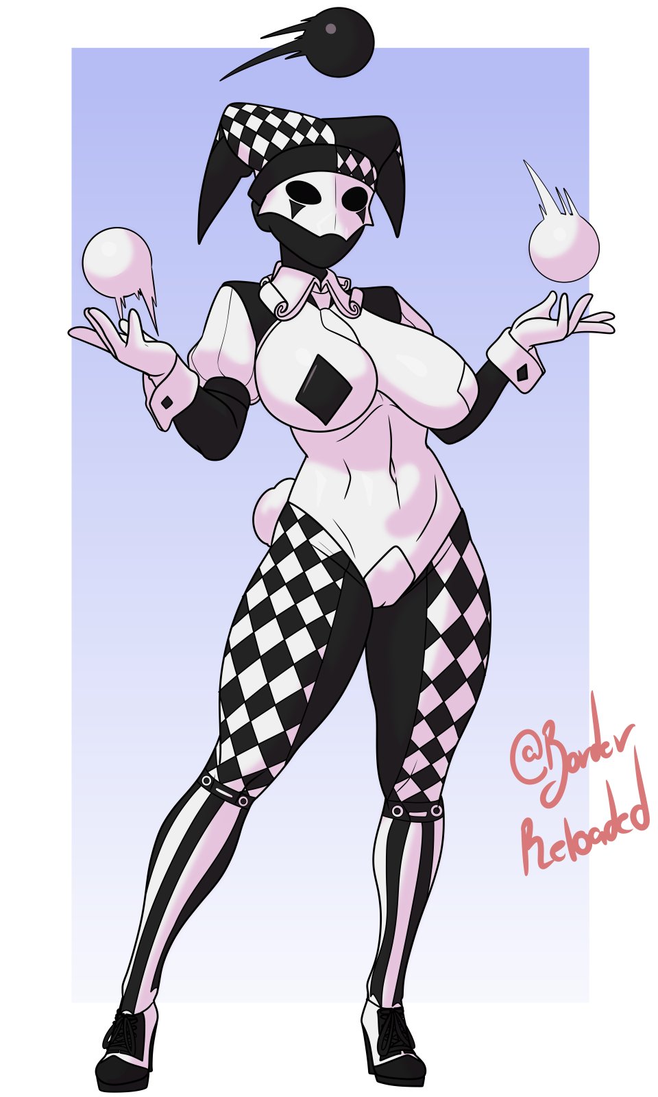1girls, 2026, alternate version available, artist signature, ball (object), big breasts, black and white clothing, borderreloaded, cameltoe, checkered clothes, cotton tail, exposed torso, full body, hands up, harlequin, hi res, jester, jester hat, juggling, masked, masked female, navel, painted breasts, pasties, performer, pestrica r, simple background, solo, thick thighs, twitter, white skin