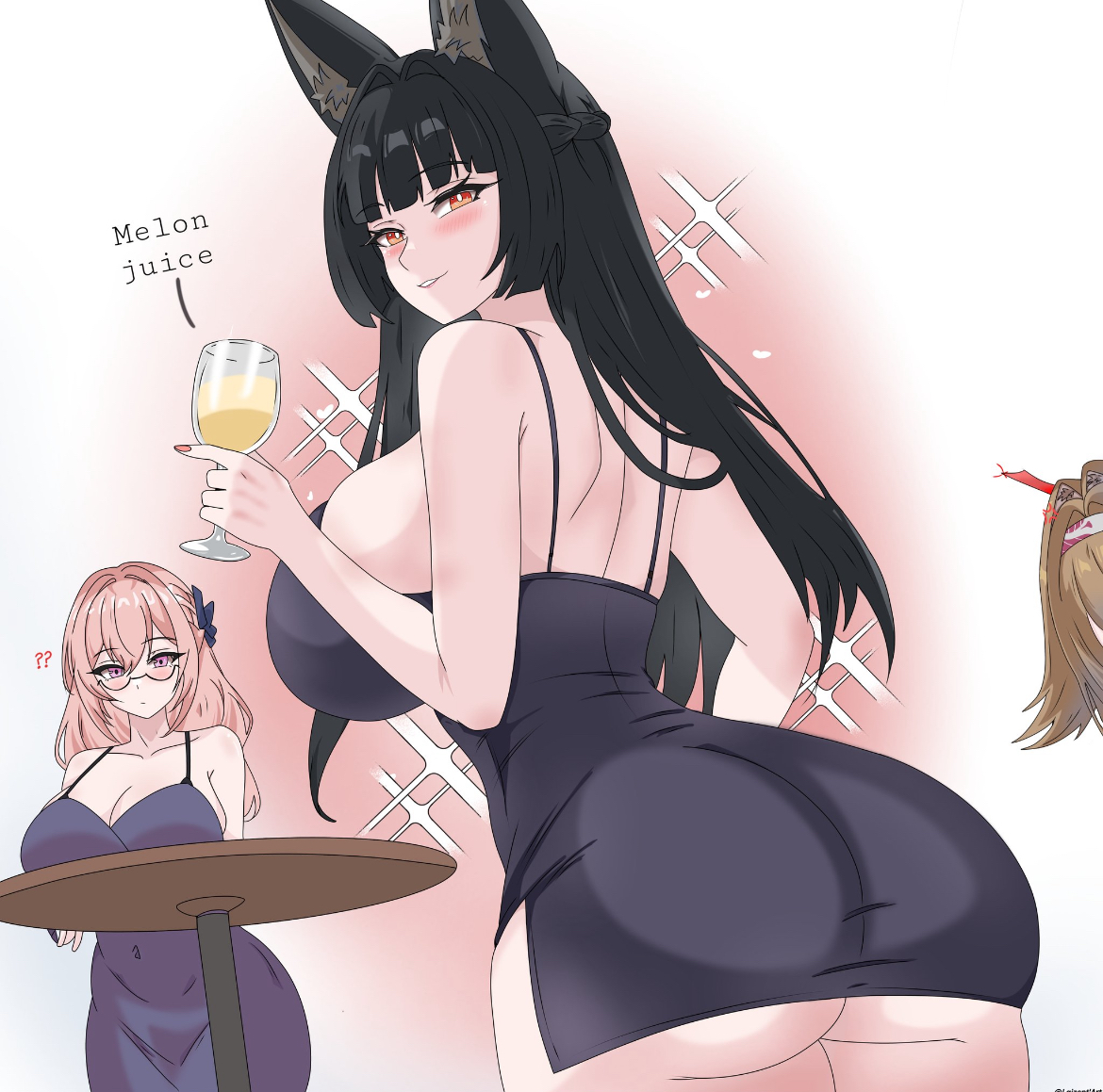 2girls, artzyzen, back view, backside, barely visible ass, big ass, big breasts, black hair, busty, busty female, cat ears, cup, curves, curvy figure, cute, cute face, dress, fat ass, front view, glasses, hoshimi miyabi, hourglass figure, laizent art, long hair, looking at breasts, oppai, pale-skinned female, pink eyes, pink hair, red eyes, revealing, revealing dress, sexy, sexy body, sideboob, thick, thick ass, tsukishiro yanagi, voluptuous female, ye shunguang, zenless zone zero