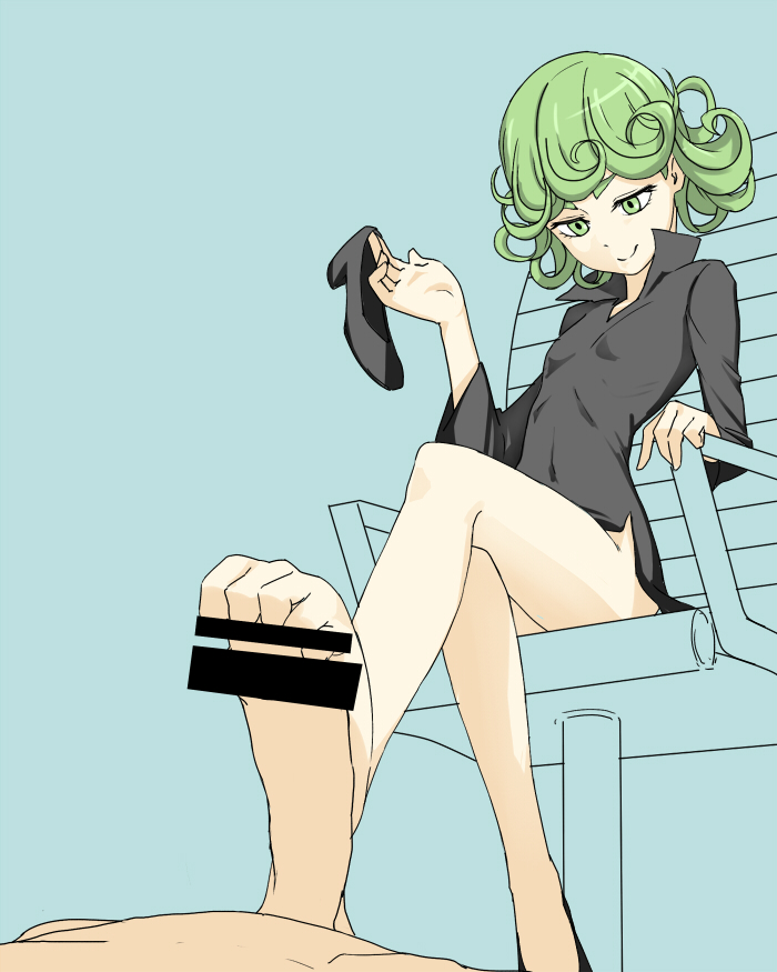 1girls bar_censor bare_legs barefoot censored female footjob glansjob green_hair ishinoyari looking_down one-punch_man pov simple_background sitting tatsumaki