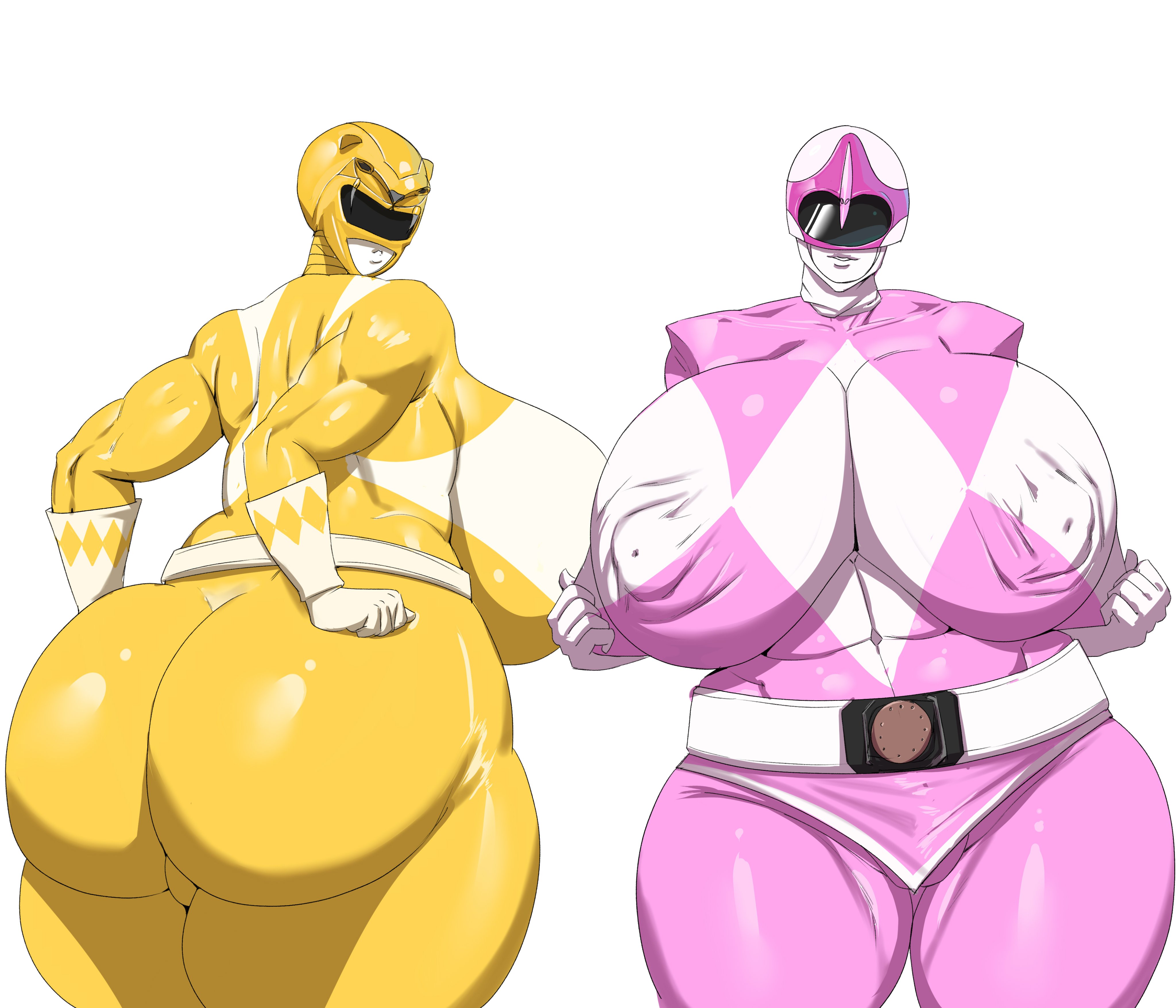 2girls, belt, big ass, big breasts, big thighs, captainexcelsior, curvy, curvy figure, gloves, helmet, huge ass, huge breasts, huge thighs, kimberly hart, kyoryu sentai zyuranger, looking at viewer, mighty morphin power rangers, nipple bulge, nipples, pink ranger, pose, posing, power rangers, serious, smiling, super sentai, trini kwan, voluptuous, voluptuous body, voluptuous female, yellow ranger