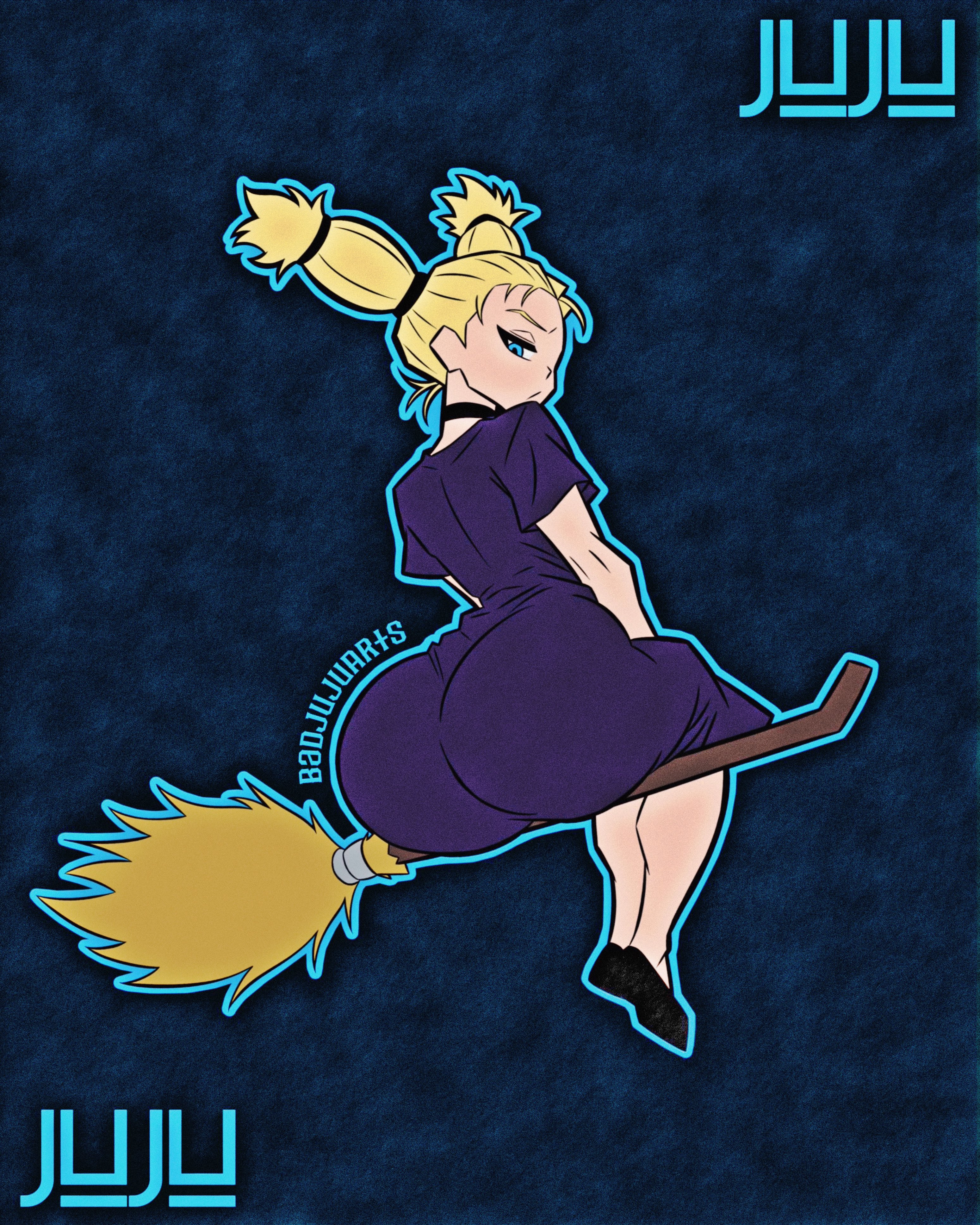 1girls, ass, badjujuarts, big ass, blonde hair, blue eyes, broom, broom riding, bubble butt, choker, dress, full body, hair tie, huge ass, jujutsu kaisen, looking at viewer, looking back, nishimiya momo, shoes, short twintails, sidesaddle, solo, tagme, witch
