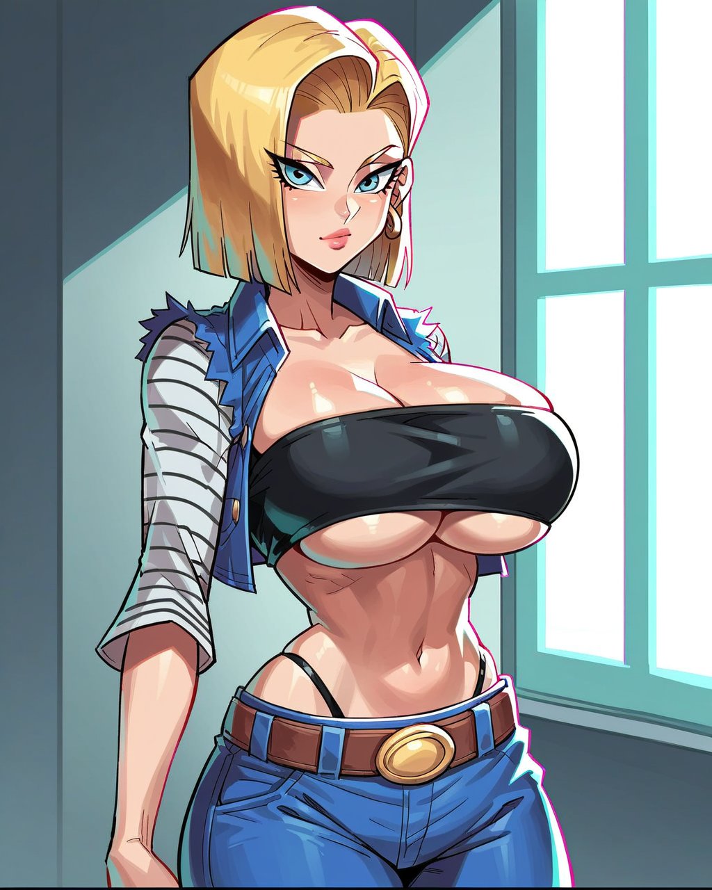 1girls, ai generated, android 18, belt, blonde, blonde female, blonde hair, blonde hair female, blue eyes, blue eyes female, cameltoe, cleavage, curvy, dragon ball, dragon ball super, dragon ball z, erect nipples, female, huge areolae, huge ass, huge breasts, nai diffusion, puffy nipples, realistic, saucy trove, stable diffusion, thick lips, voluptuous, wide hips, yellow hair