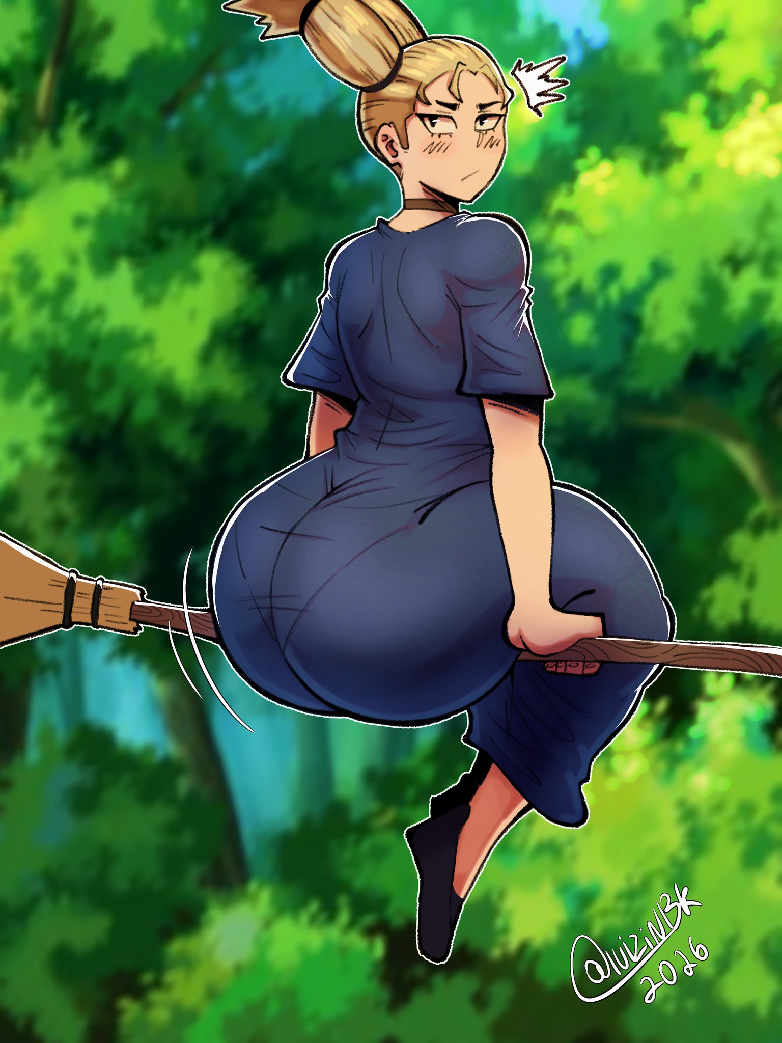 1girls, artist name, ass, big ass, blonde hair, blurry, blurry background, blurry foreground, broom, broom riding, depth of field, from behind, huge ass, jujutsu kaisen, looking at viewer, looking back, luizinbk, nature, nishimiya momo, outdoors, shortstack, signature, sitting, solo