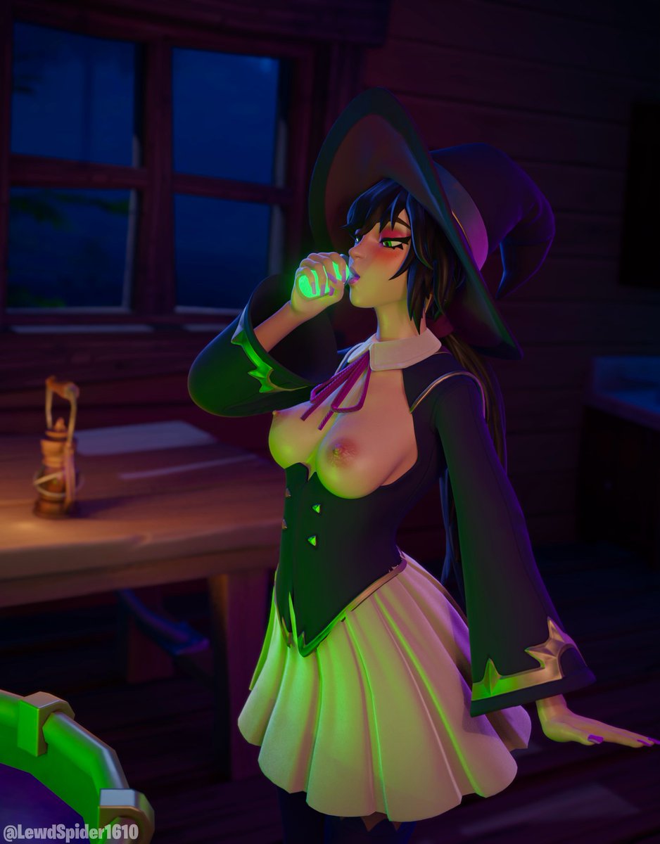 3d, black hair, breasts, breasts out, drinking, female, fortnite, fortnite: battle royale, green eyes, growth sequence, helsie (fortnite), helsie midnight (fortnite), lewdspider, lewdspider1610, long hair, nipples, ponytail, potion, sequence, small breasts, witch, witch costume, witch hat