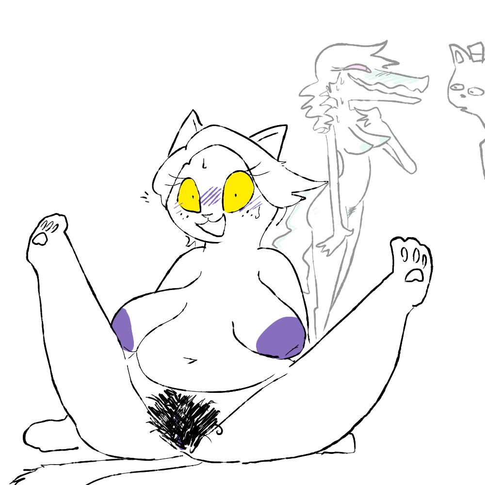 1boy, 2girls, bratty (undertale), breasts, burgerpants, cat ears, cat tail, catgirl, catty (undertale), catty cattenheimer, chubby, feline, female, male, nude, pawpads, paws, pubic hair, pussy, spread legs, tagme, tg weaver, undertale