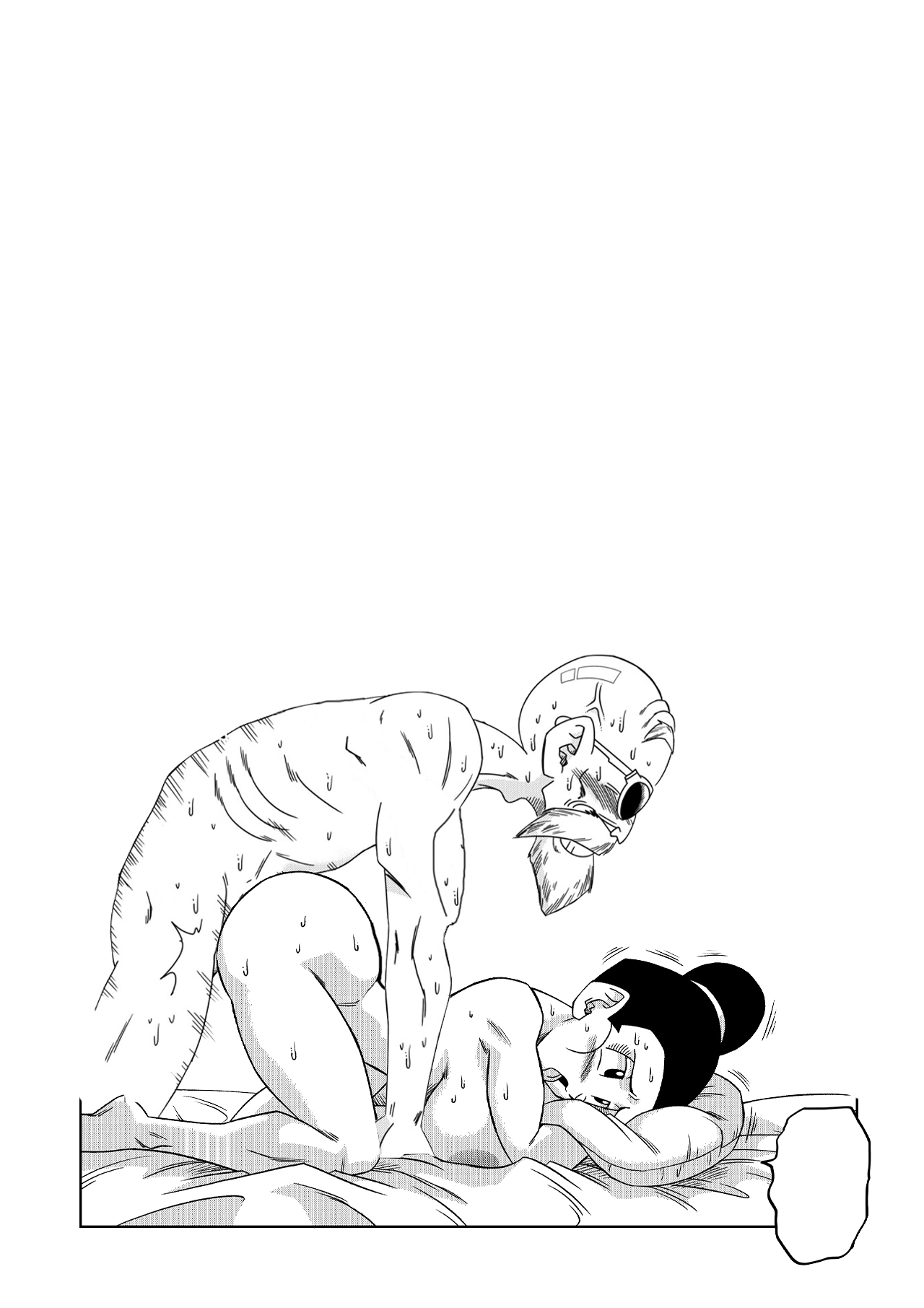 1boy, 1girls, age difference, big breast, black and white, blush, cheating wife, chichi, dragon ball, female, male, master roshi, monochrome, sex, tagme, yamamoto doujin