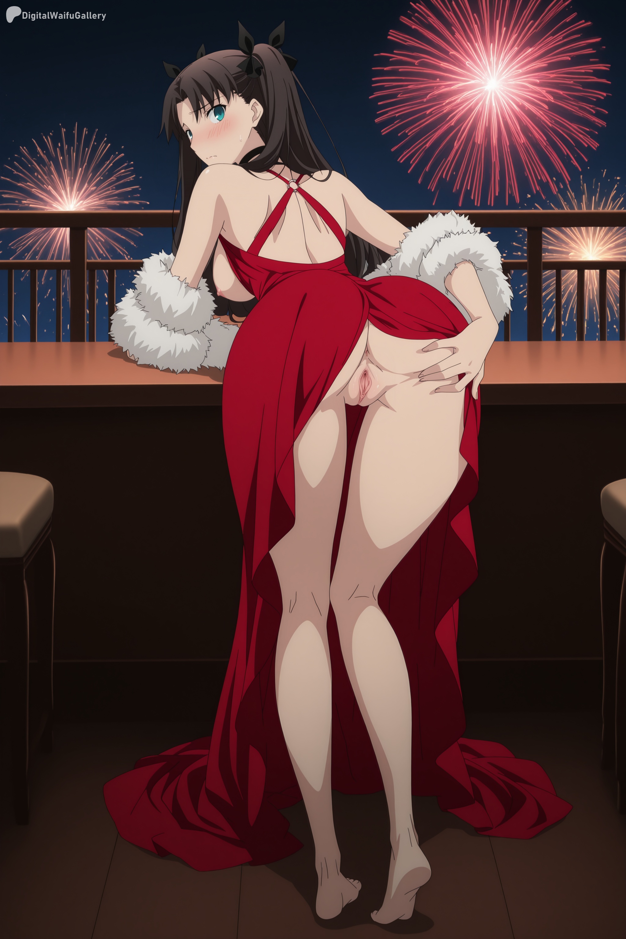 ai generated, anus, ass, back, bangs, bare shoulders, barefoot, black hair, blush, breasts, digitalwaifugallery, dress, fate (series), fate/grand order, fate/stay night, female, female only, fireworks, from behind, full body, green eyes, hair ribbon, hi res, high quality, high resolution, long dress, long hair, looking at viewer, looking back, night, no panties, patreon, pussy, red dress, ribbon, seductive, sexy, sky, solo, standing, tohsaka rin, uncensored, watermark