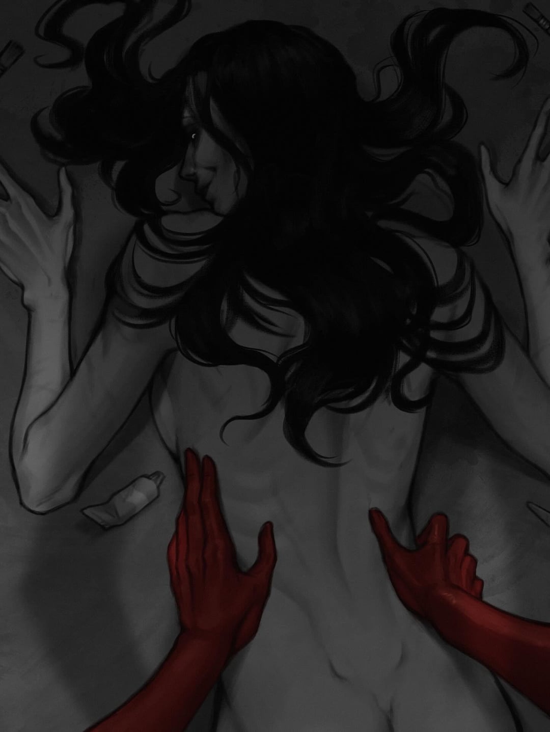 1boy, 1girls, about to pound the fuck outta em, analog horror, black hair, hands on body, implied imminent sex, long hair, looking back, loukamii, mona lanius, nude female, red skin, serial killer, shadow, smile, the red man, urbanspook, white skin
