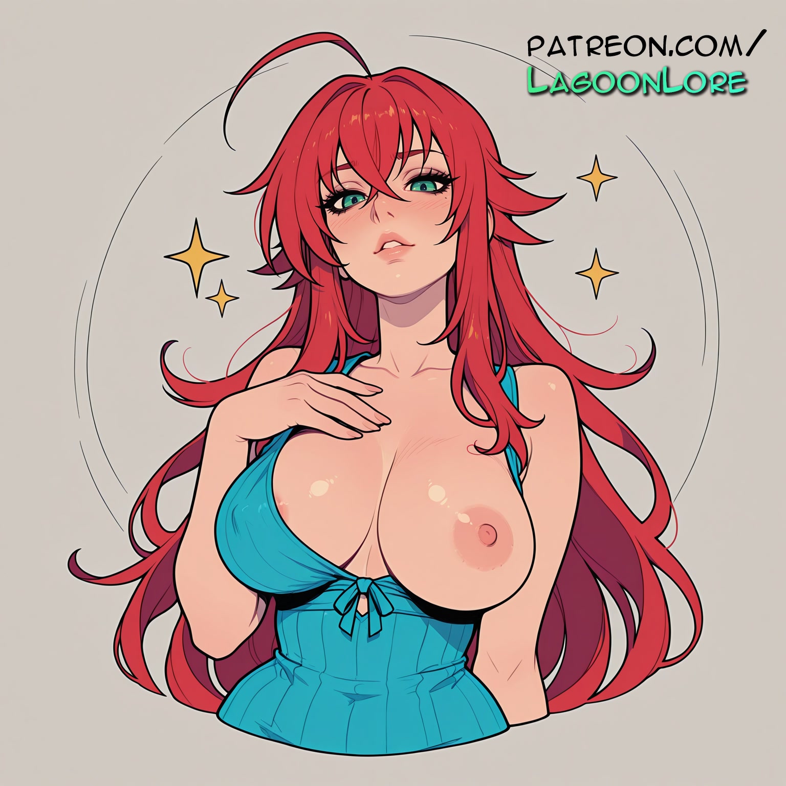 + +, ahoge, ai generated, artist name, big breasts, big chest, blush, breasts, bust, busty, chest, exposed nipples, female, female only, green eyes, grey background, hi res, high school dxd, highres, lagoonlore, large breasts, long hair, nipples, nipples outside, patreon, patreon username, red hair, rias gremory, solo, sparkle, sparkle background, sparkling eyes, watermark