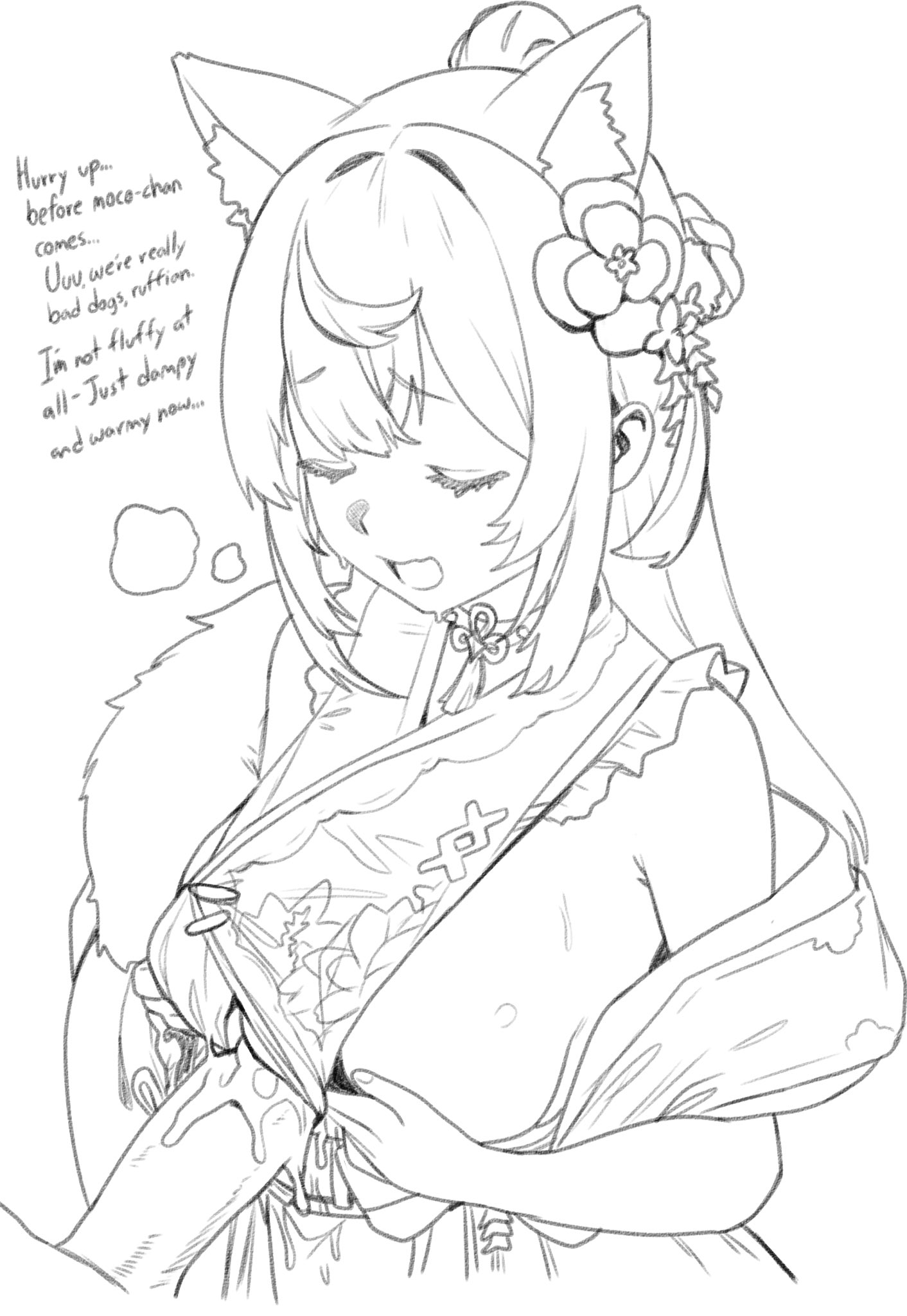 1boy, 1girls, cleavage cutout, cleavage window, clothed sex, cum, cum between breasts, cum on breasts, dog ears, dog girl, fuwawa abyssgard, hololive, hololive english, kemonomimi, monochrome, new year, sideboob, text, thernz, titjob, virtual youtuber