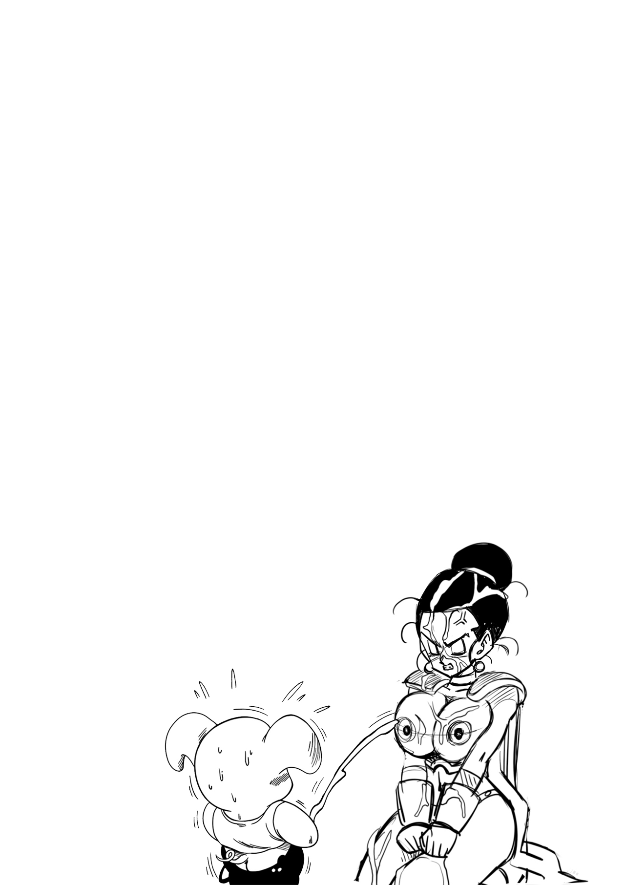 1boy, 1girls, black and white, chichi, dragon ball, female, male, monochrome, oolong, sketch, tagme, yamamoto doujin