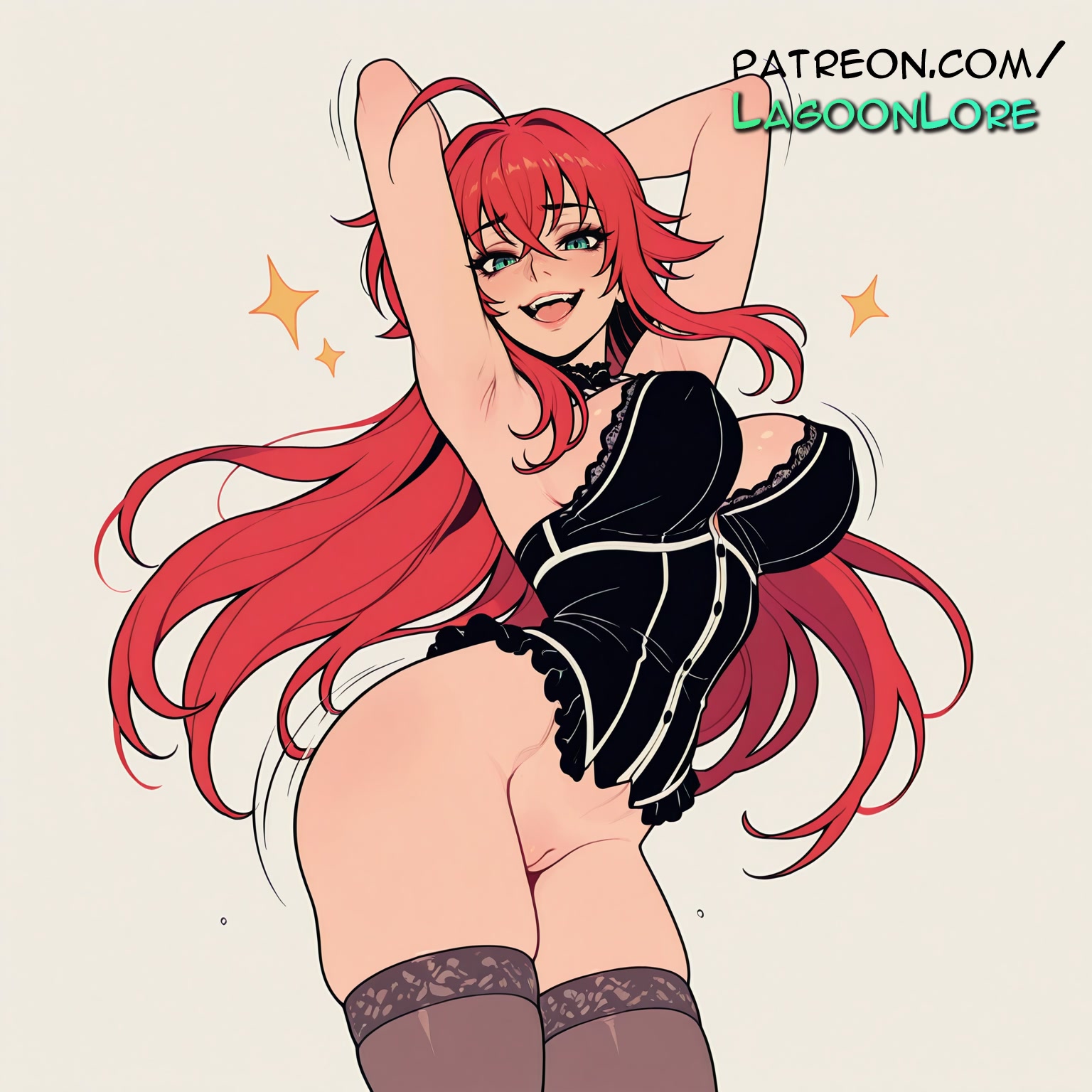 +++, ahoge, ai generated, armpits, arms behind head, artist name, bottomless, breasts, bust, chest, clitoral hood, exposed pussy, female, female only, gradient, gradient background, green eyes, hair between eyes, hi res, high school dxd, highres, juicy pussy, lagoonlore, long hair, looking at viewer, open mouth, patreon, patreon username, pussy, red hair, rias gremory, smile, solo, sparkle, sparkle background, teeth, thighhighs, tight pussy, vagina, watermark