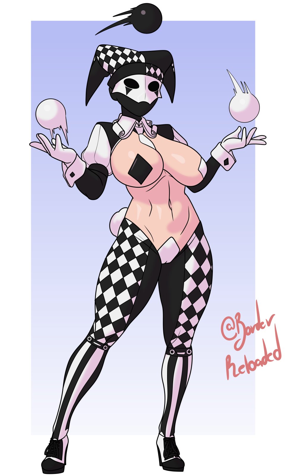 1girls, 2026, alternate color, alternate version available, artist signature, ball (object), big breasts, black and white clothing, borderreloaded, cameltoe, checkered clothes, cotton tail, exposed torso, female, full body, hands up, harlequin, hi res, jester, jester hat, juggling, masked, masked female, navel, pasties, performer, pestrica r, simple background, solo, thick thighs, twitter