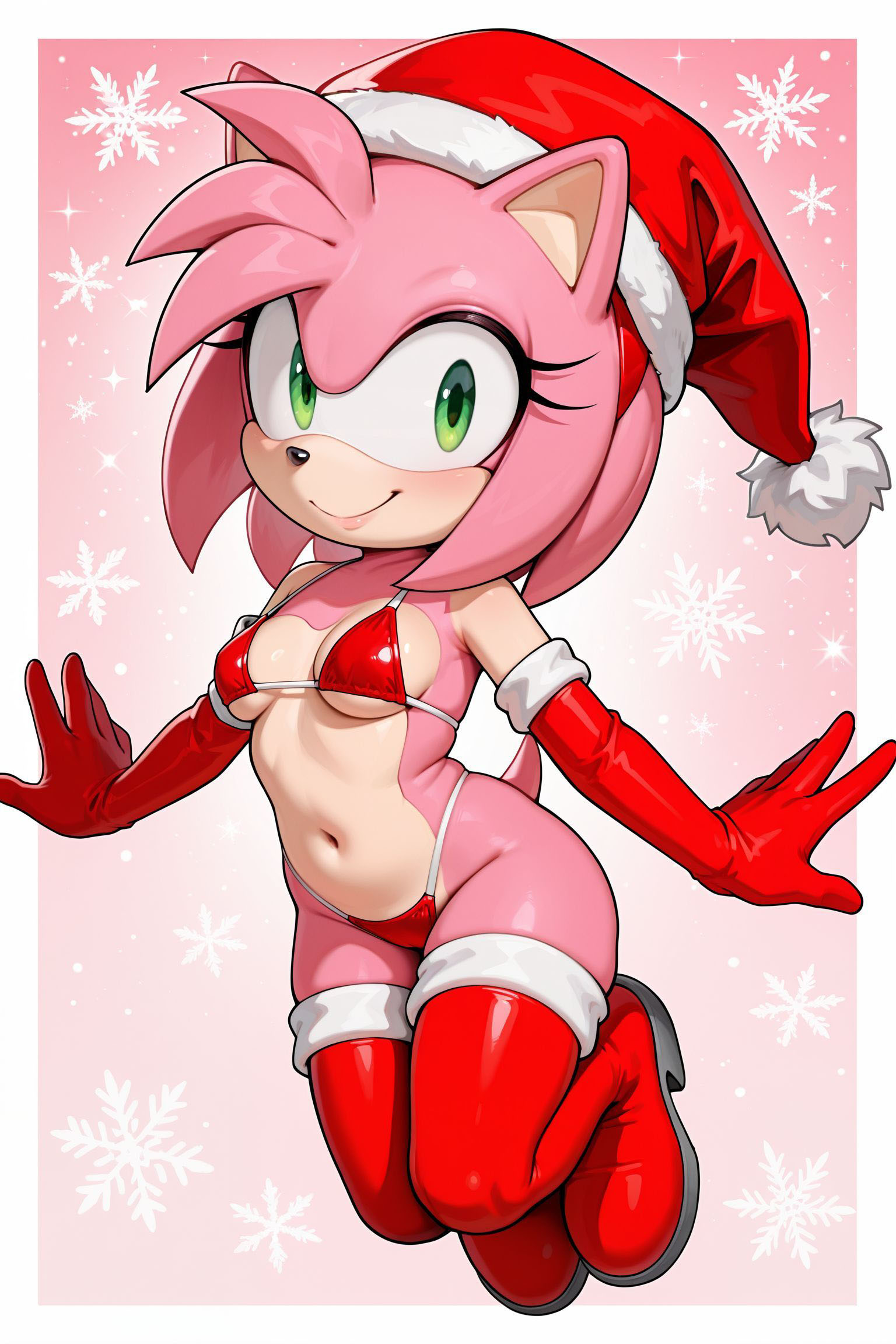 ai generated, amy rose, animal ears, anthro, belly, bikini, boots, christmas, clothes, elbow gloves, eyelashes, female, furry, gloves, green eyes, hedgehog, katalystnya, lipstick, navel, partially clothed, pink fur, red bikini, red boots, red gloves, red hairband, santa hat, sega, small breasts, smile, snowflake background, solo, sonic (series), sonic the hedgehog (series), tail, thigh high boots